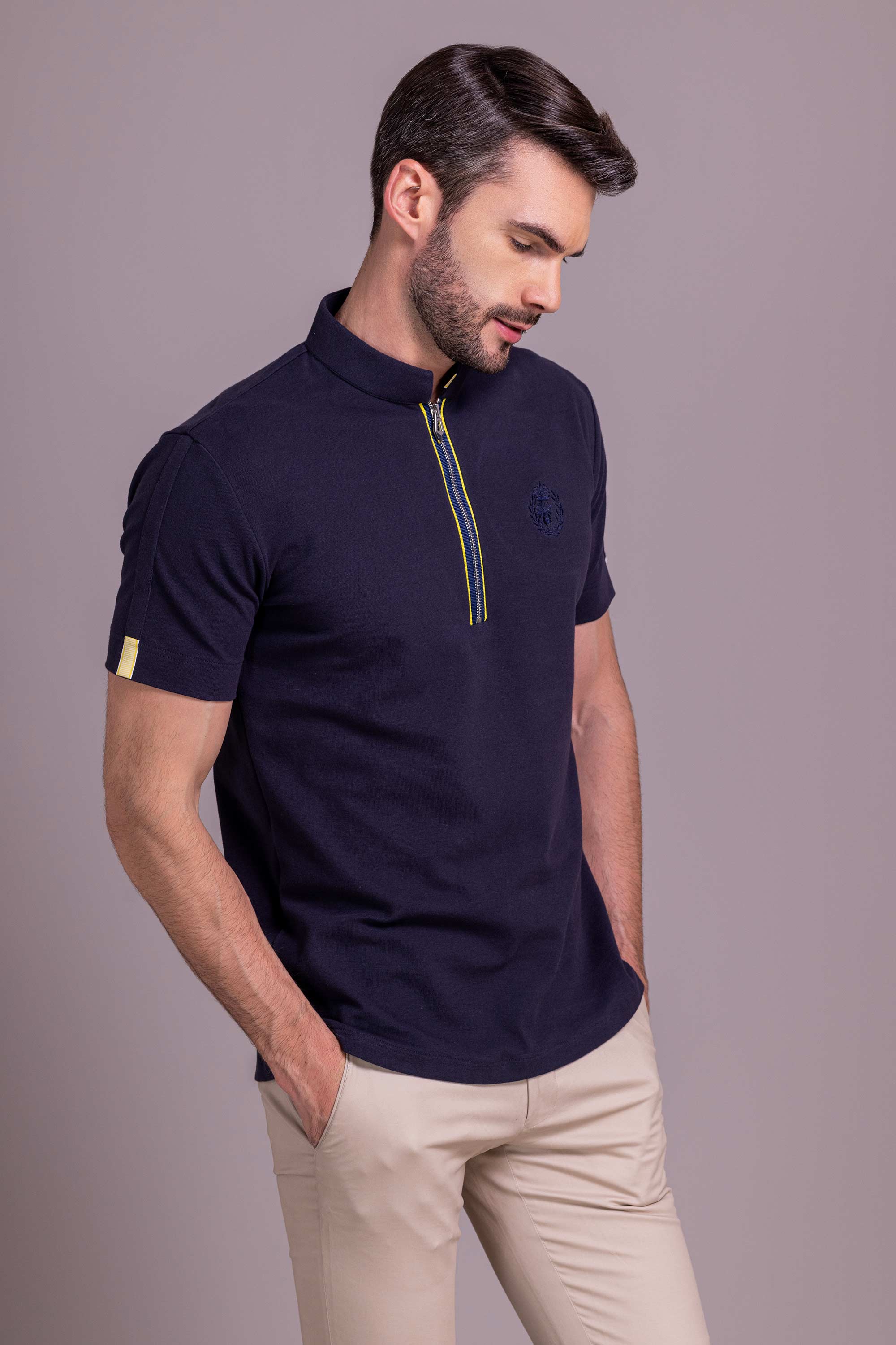 Navy Blue T- Shirt with Zipper – Amit Arora