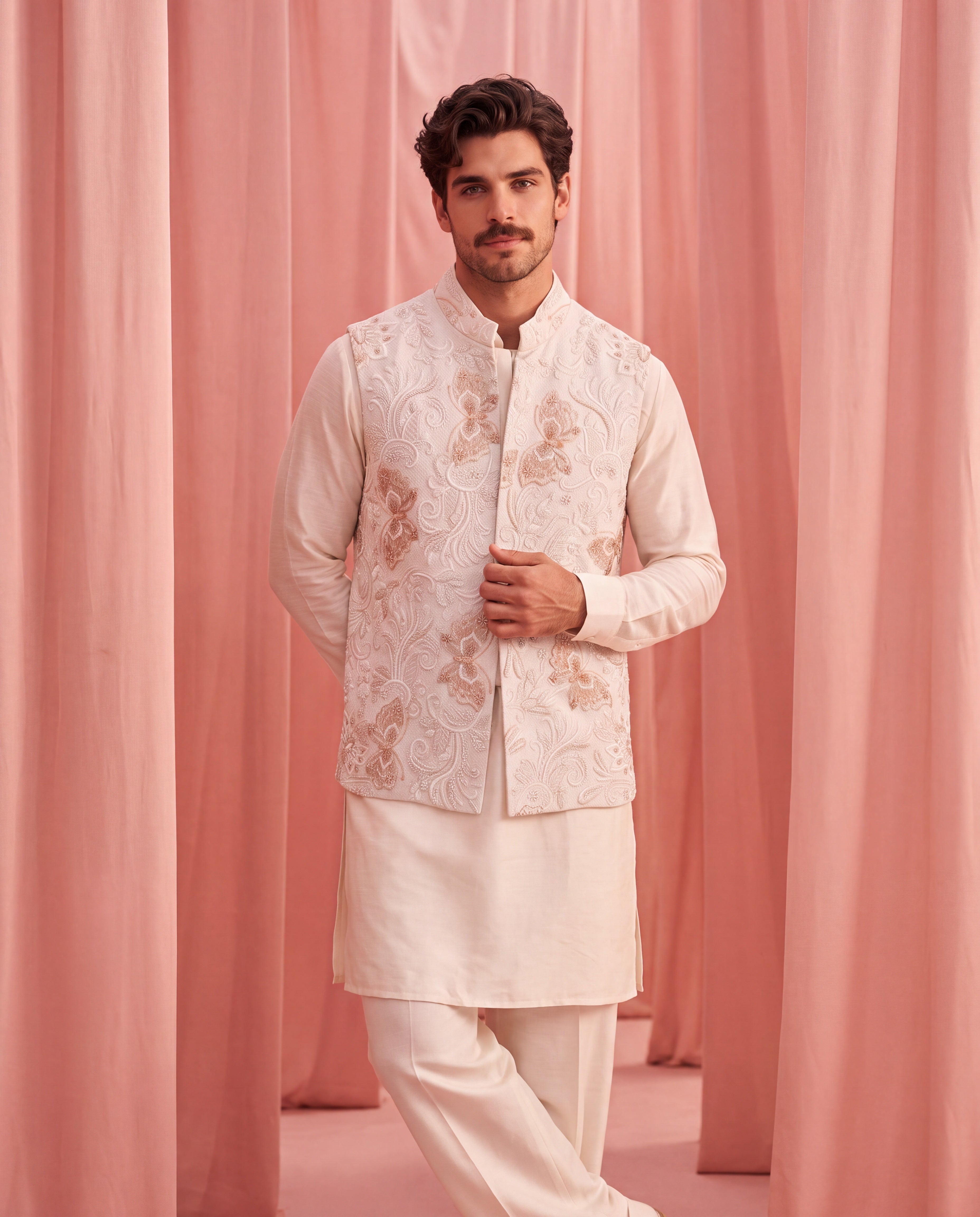 Cream herringbone waistcoat with hand-embroidered cream and blush pink detailing, paired with a plain silk cream kurta and matching aligadhi pants.