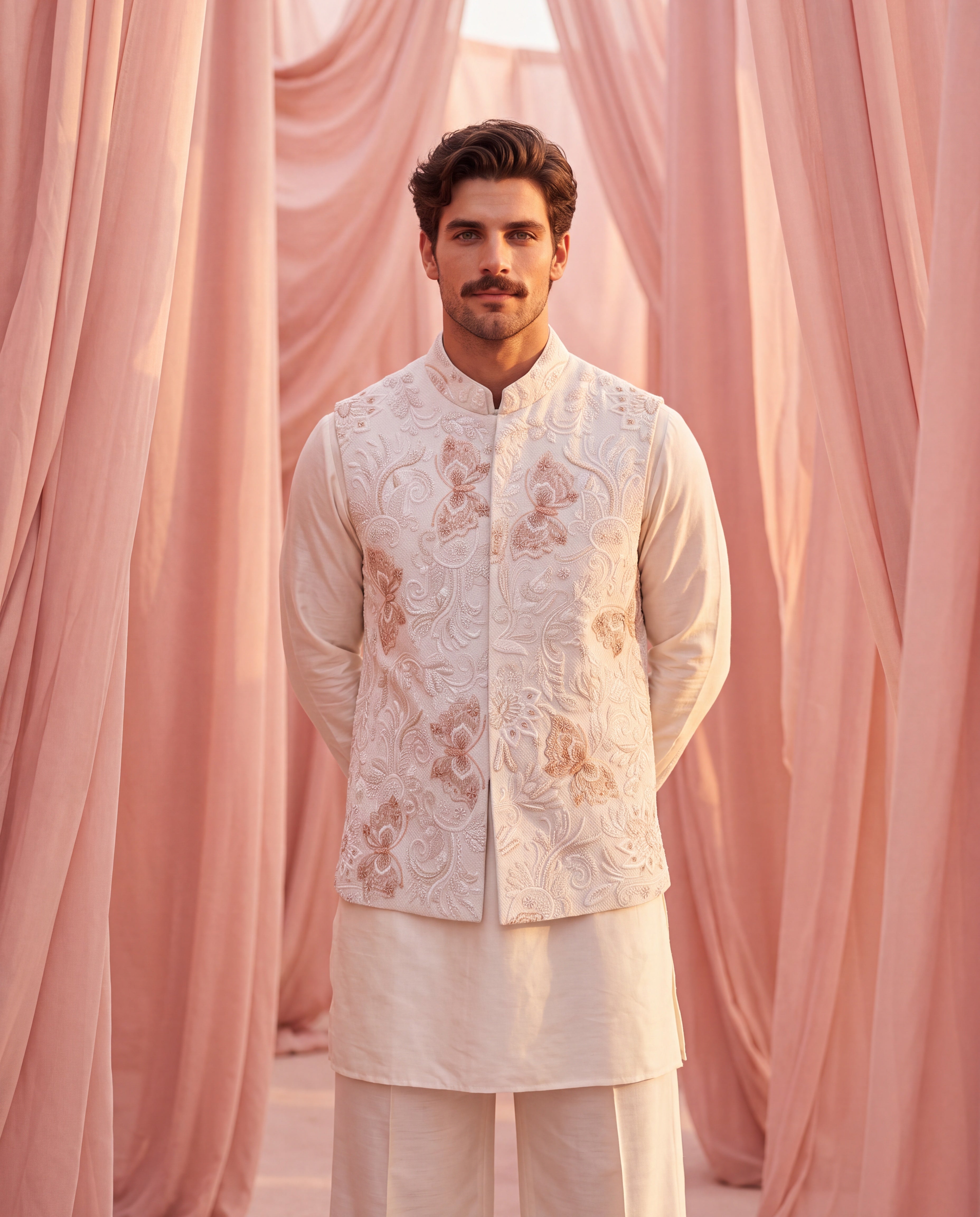 Cream herringbone waistcoat with hand-embroidered cream and blush pink detailing, paired with a plain silk cream kurta and matching aligadhi pants.