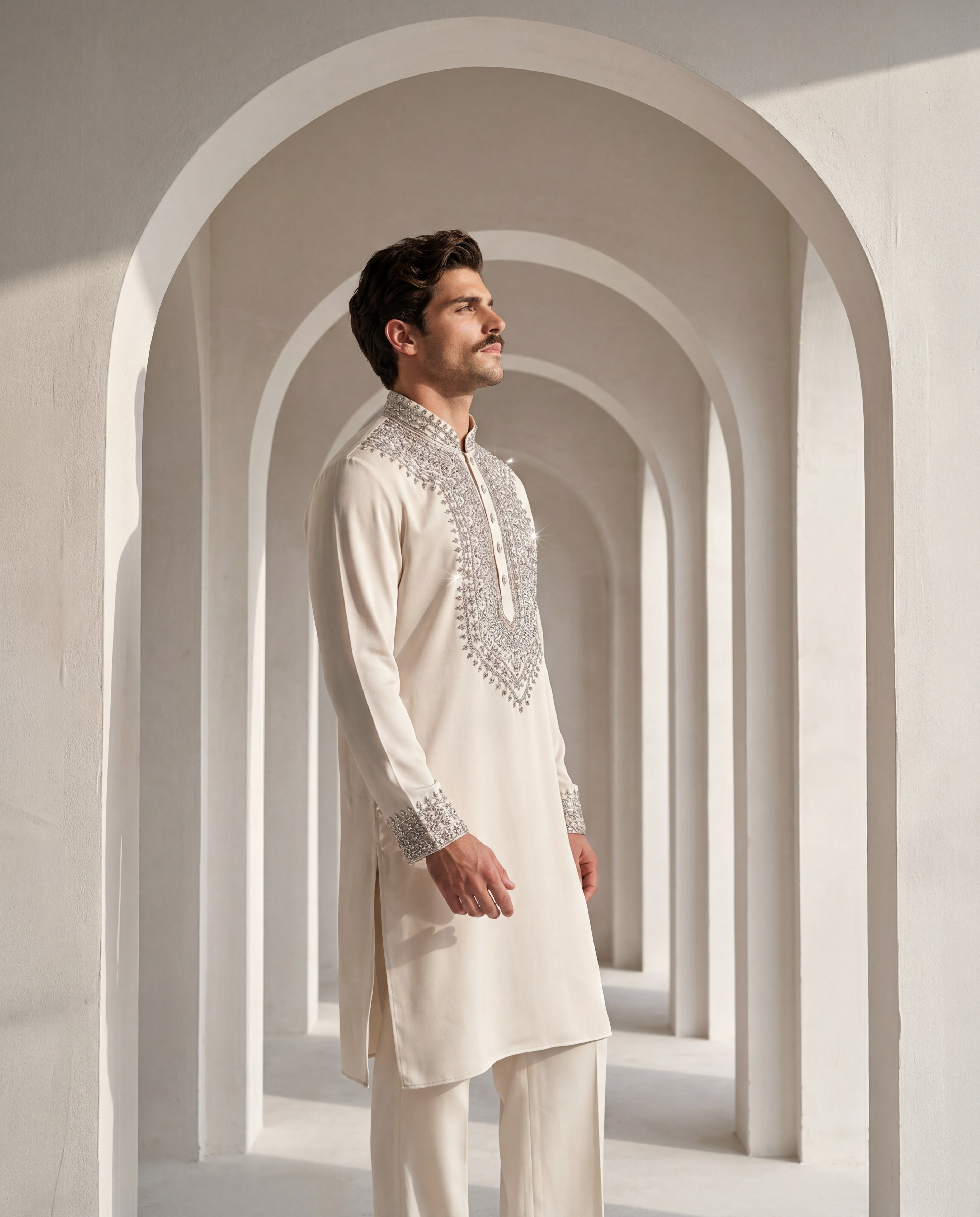 Cream knit kurta with embroidered neckline detailing, paired with matching knit palazzo.