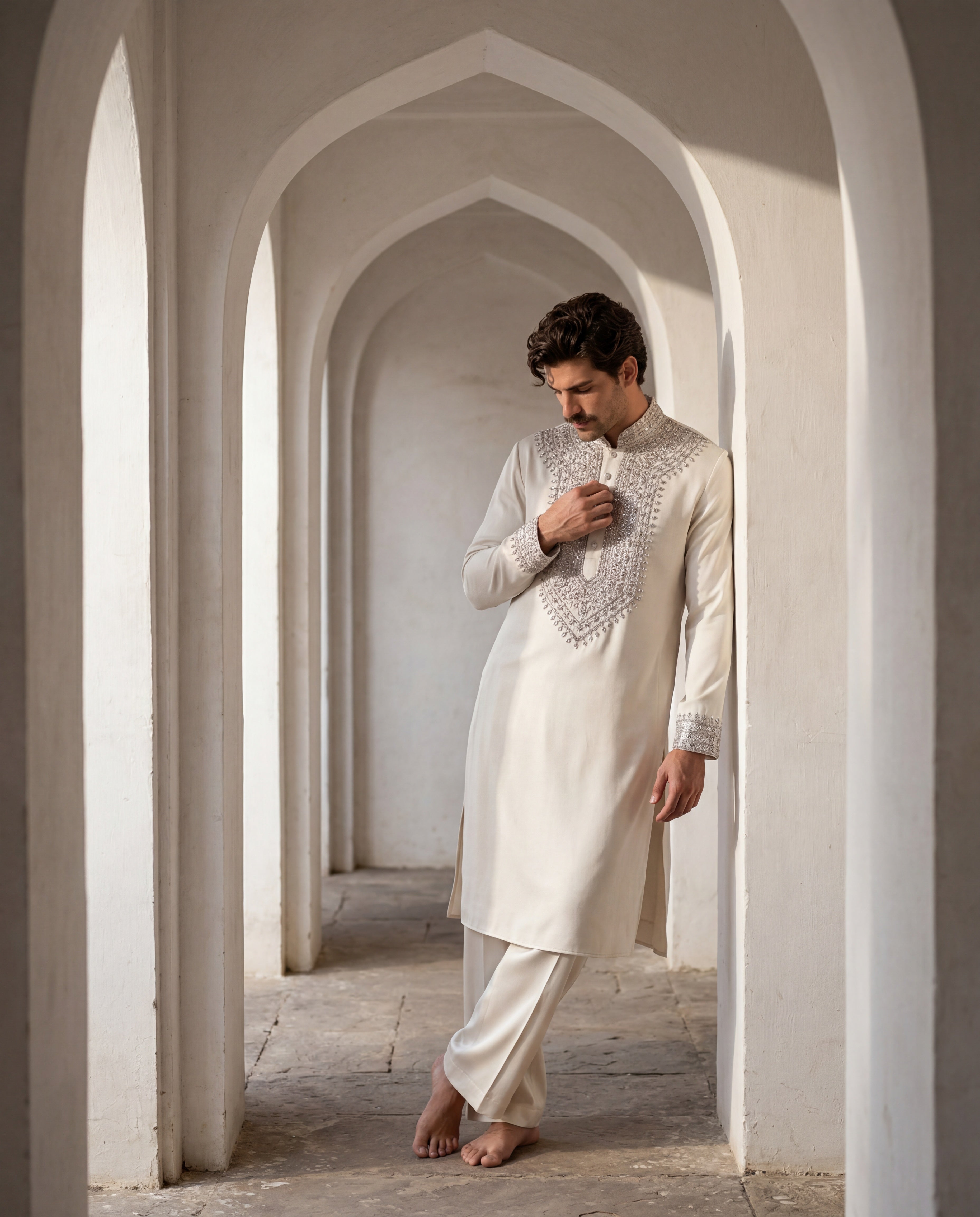 Cream knit kurta with embroidered neckline detailing, paired with matching knit palazzo.