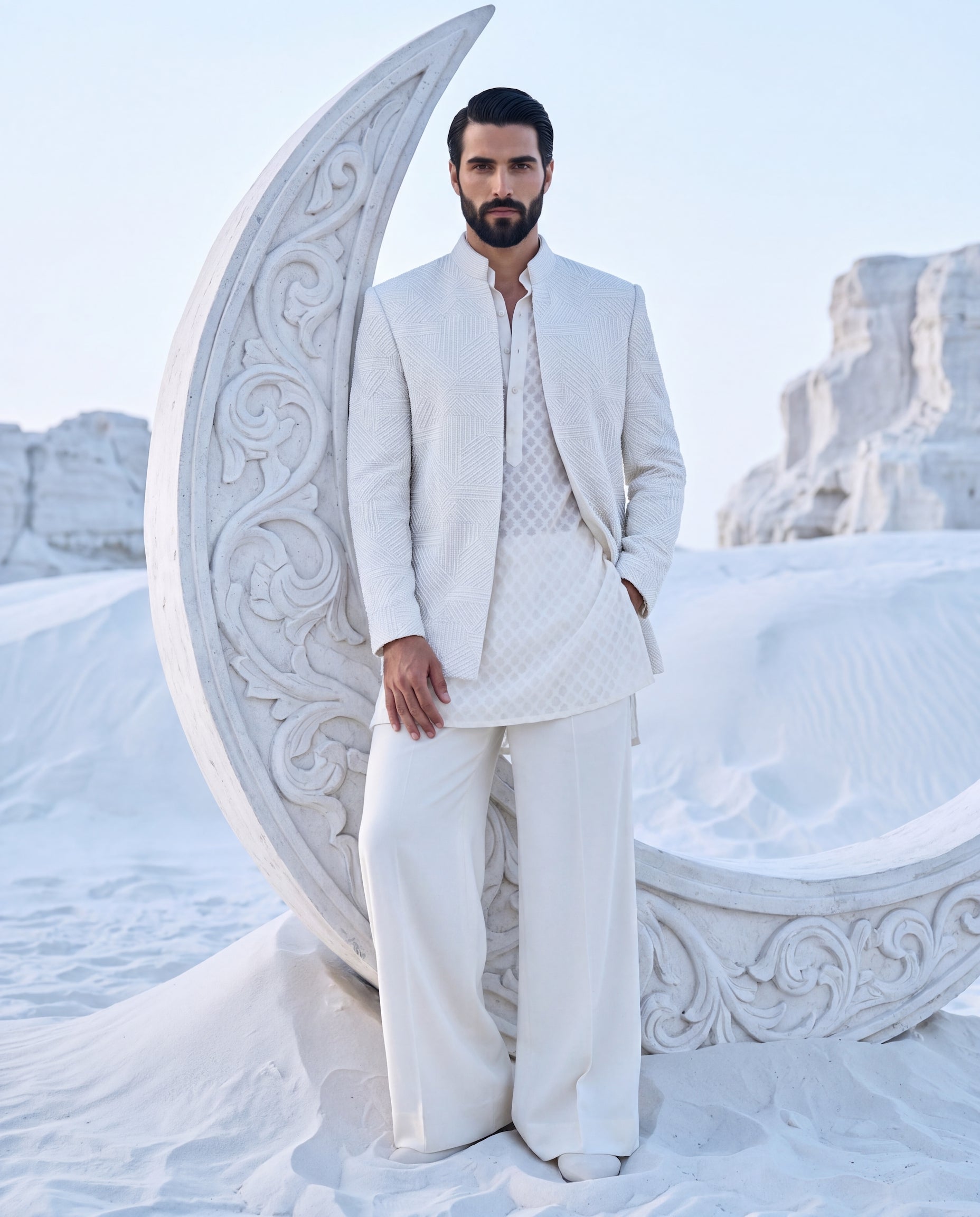 Ivory silk Indo-Western jacket with monotone geometrical embroidery, paired with an embroidered Chanderi kurta and knit pants.