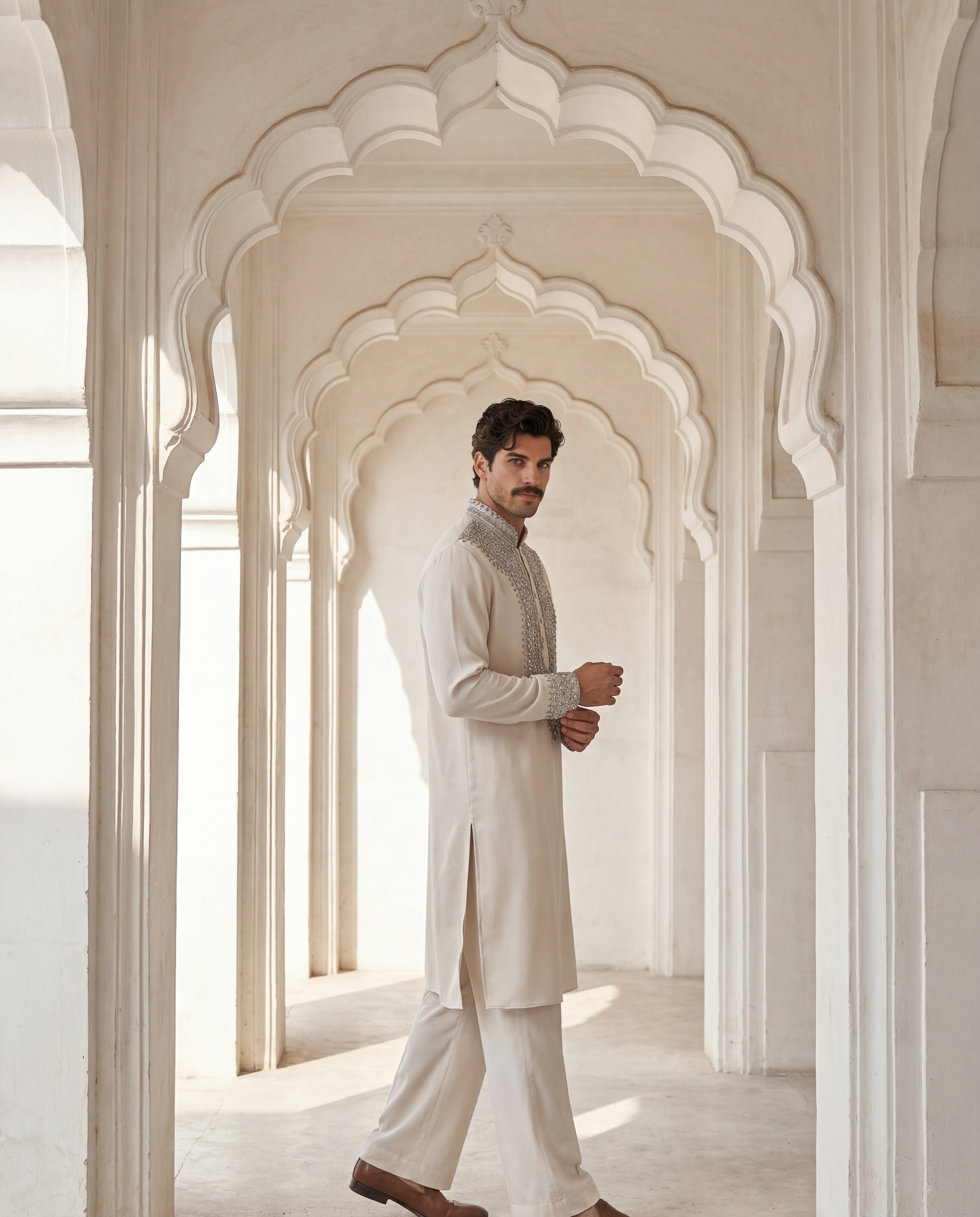 Cream knit kurta with embroidered neckline detailing, paired with matching knit palazzo.