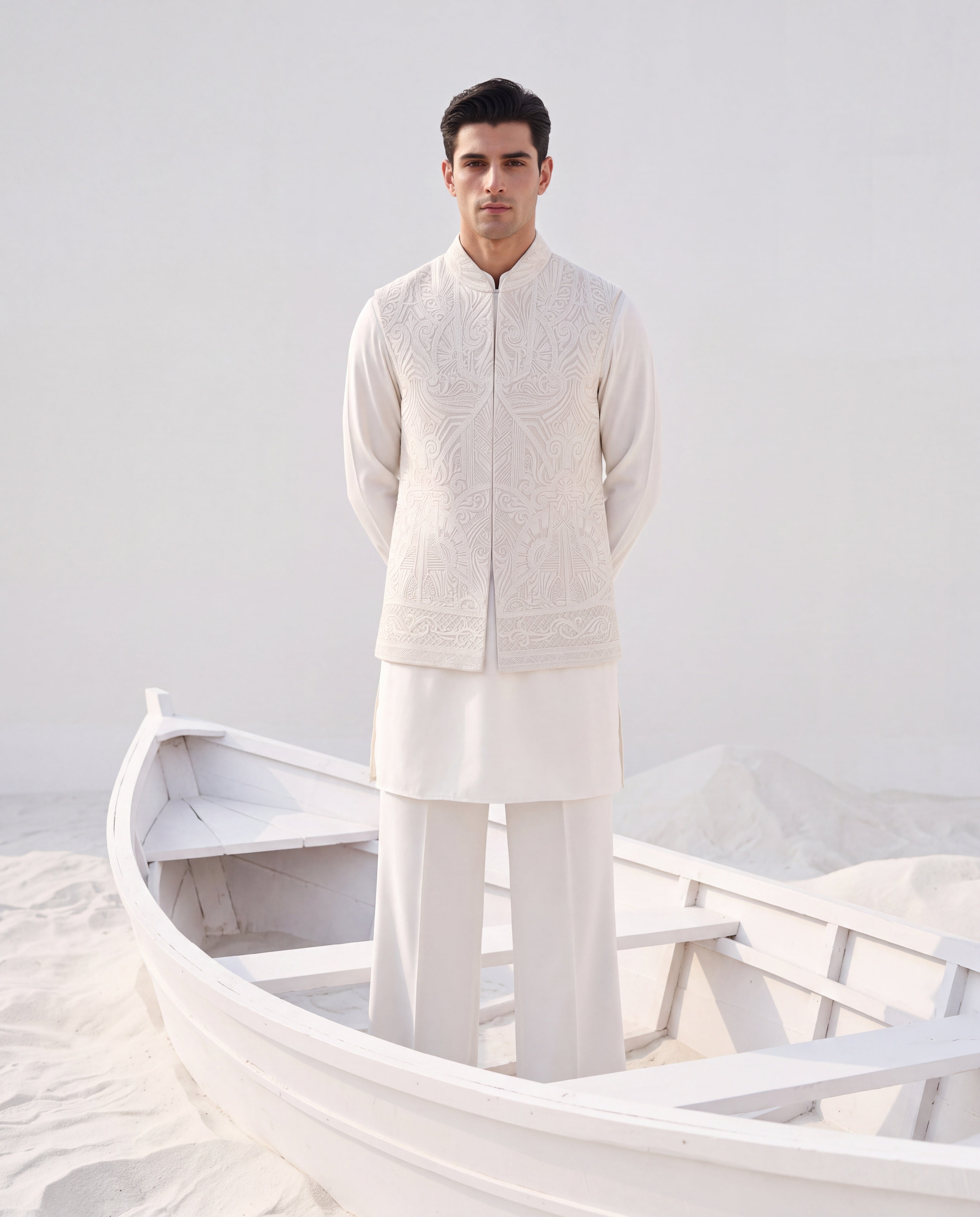 Beige textured rayon waistcoat with white dori hand embroidery detailing, paired with a ivory knit kurta and matching plazzo pants.