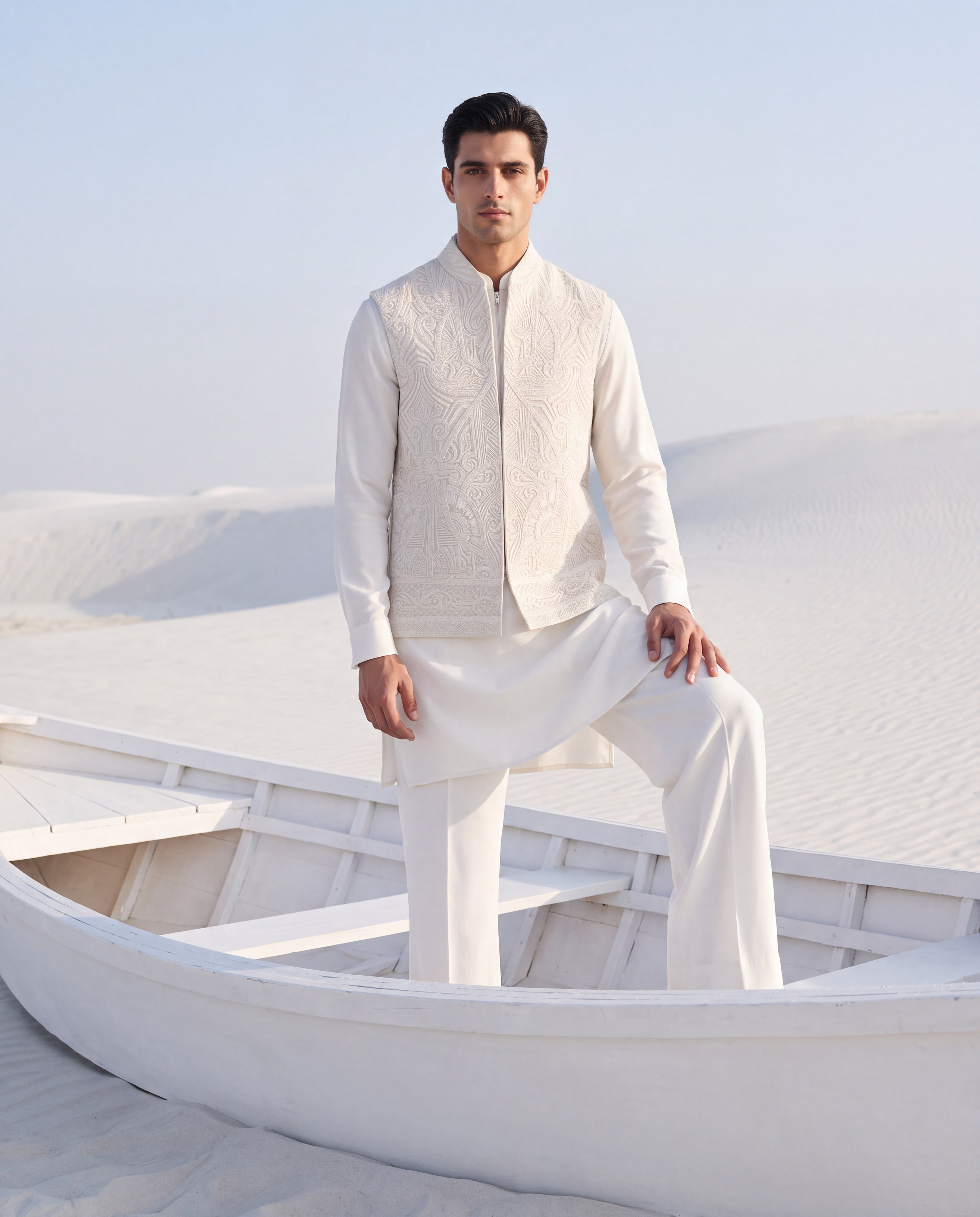 Beige textured rayon waistcoat with white dori hand embroidery detailing, paired with a ivory knit kurta and matching plazzo pants.