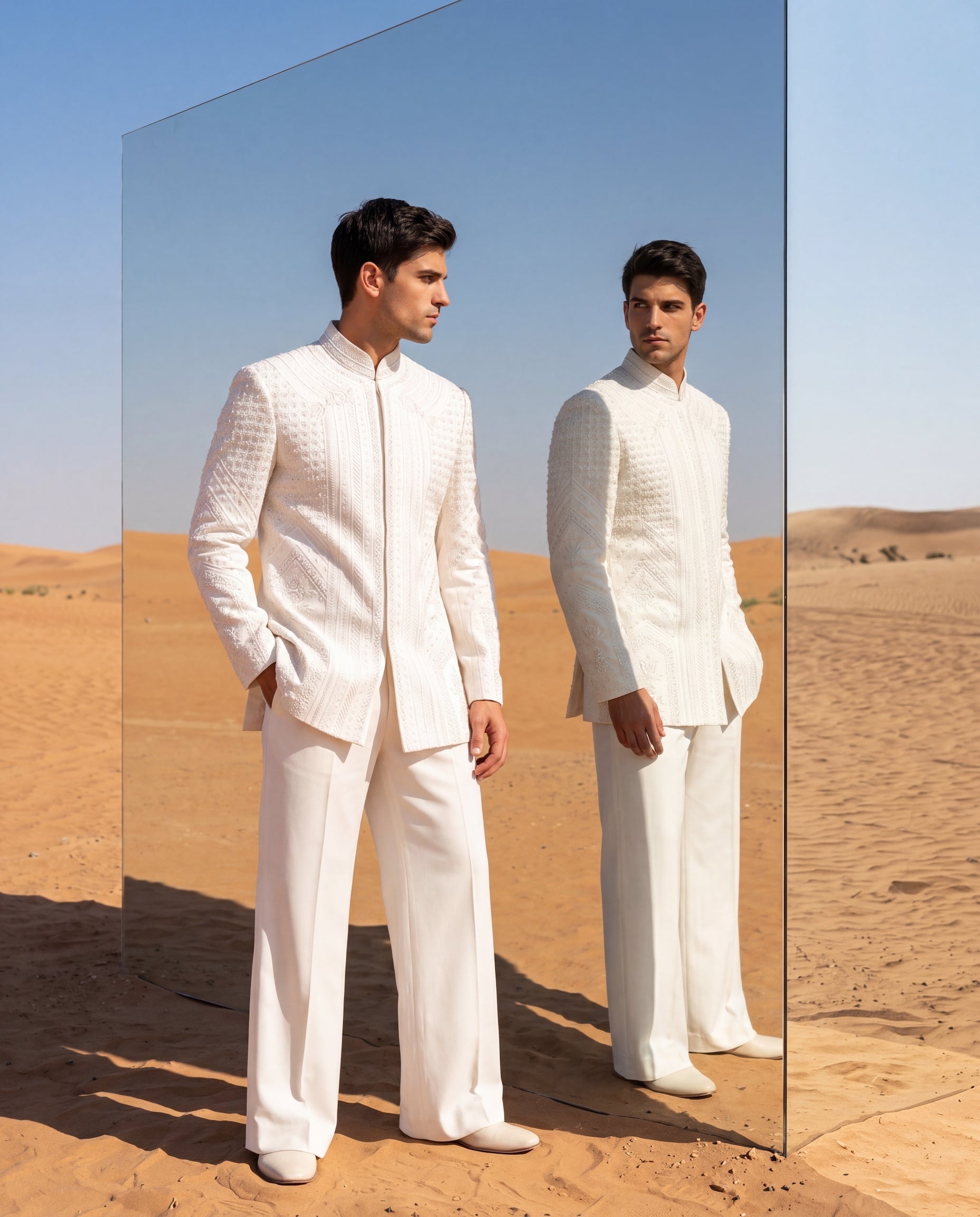 Ivory knit Indo-Western jacket with monotone geometric embroidery, paired with matching knit pants.