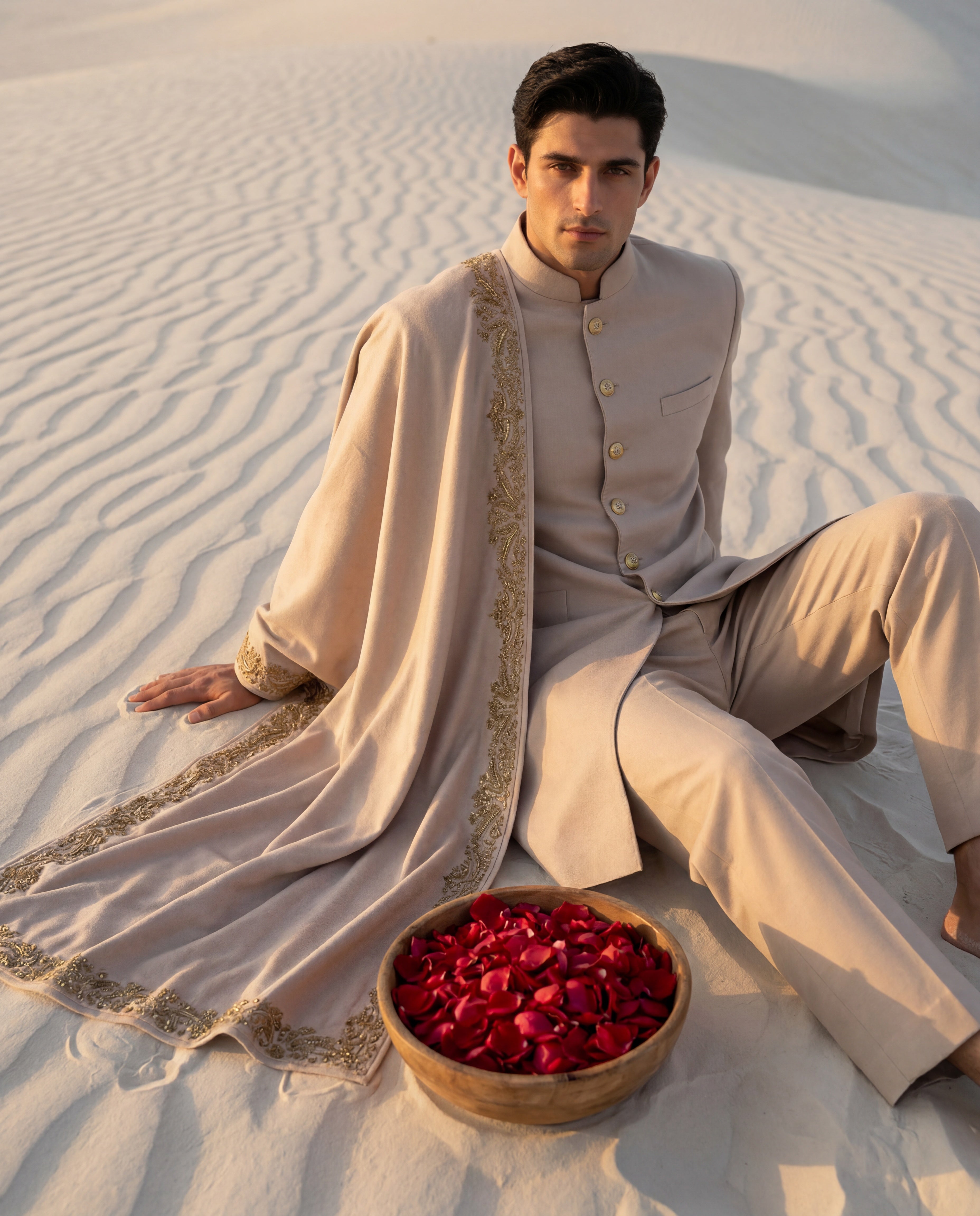 Beige Pashmina sherwani featuring gold buttons along the front, paired with matching pashmina pants and a pashmina stole embellished with a hand-embroidered border.