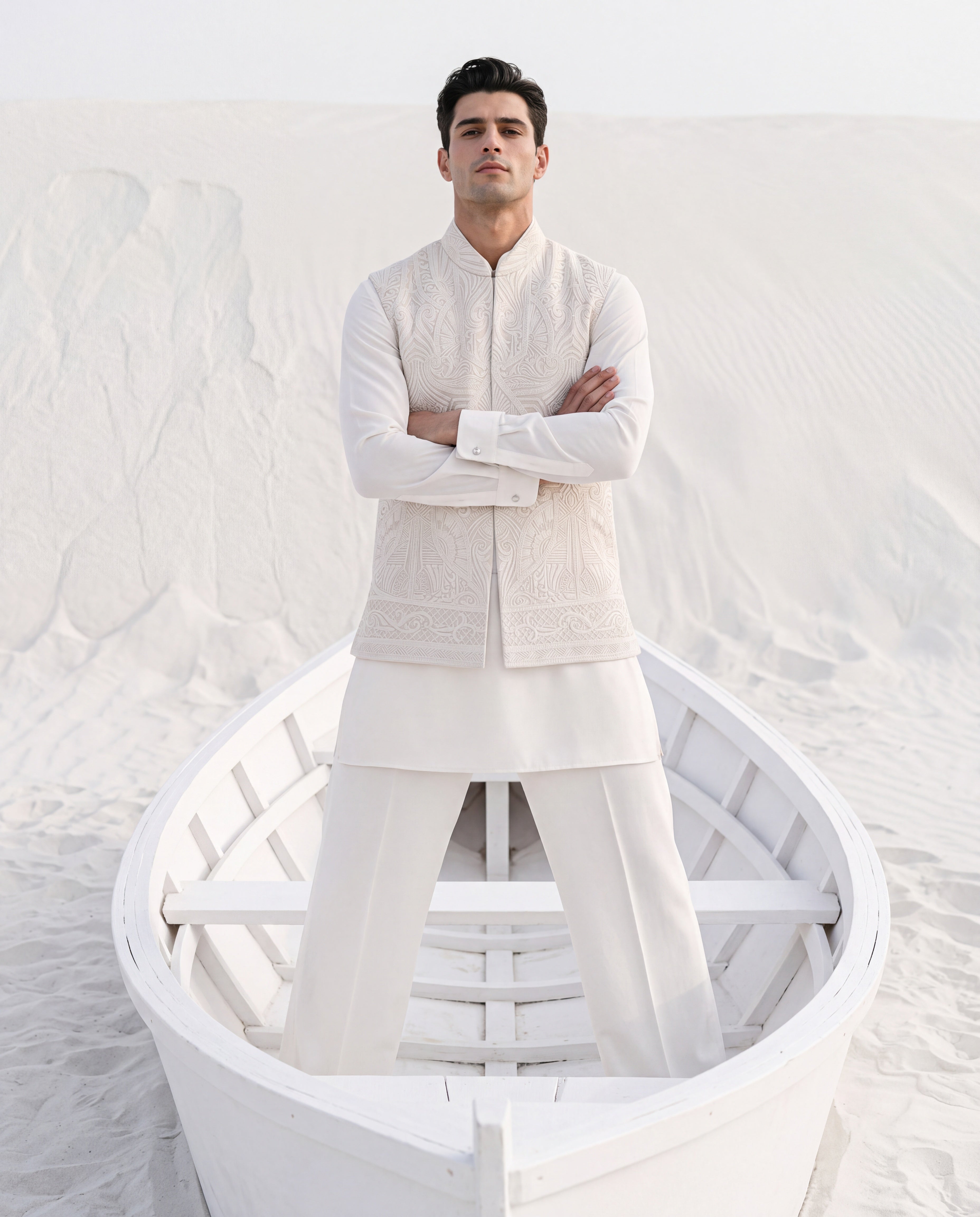 Beige textured rayon waistcoat with white dori hand embroidery detailing, paired with a ivory knit kurta and matching plazzo pants.