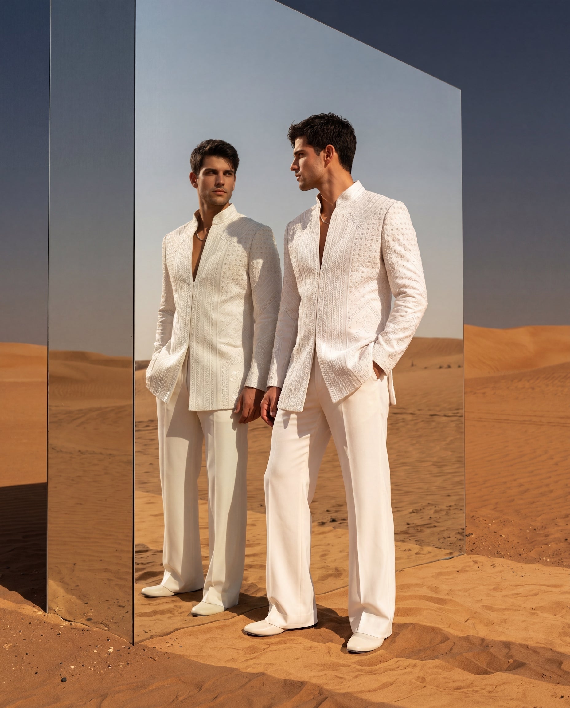 Ivory knit Indo-Western jacket with monotone geometric embroidery, paired with matching knit pants.