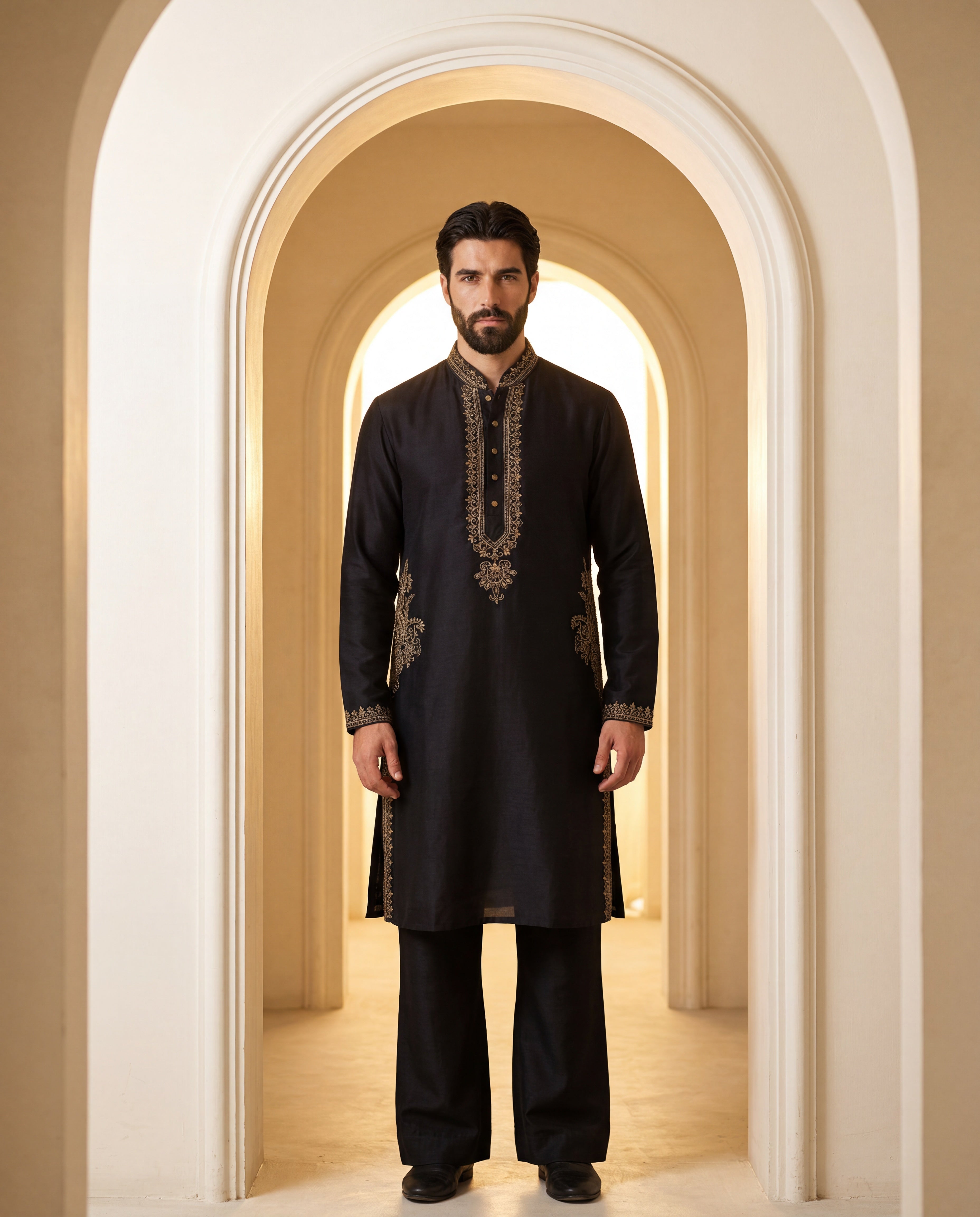 Black Chanderi silk kurta with intricate embroidery, paired with matching Chanderi silk aligadhi.