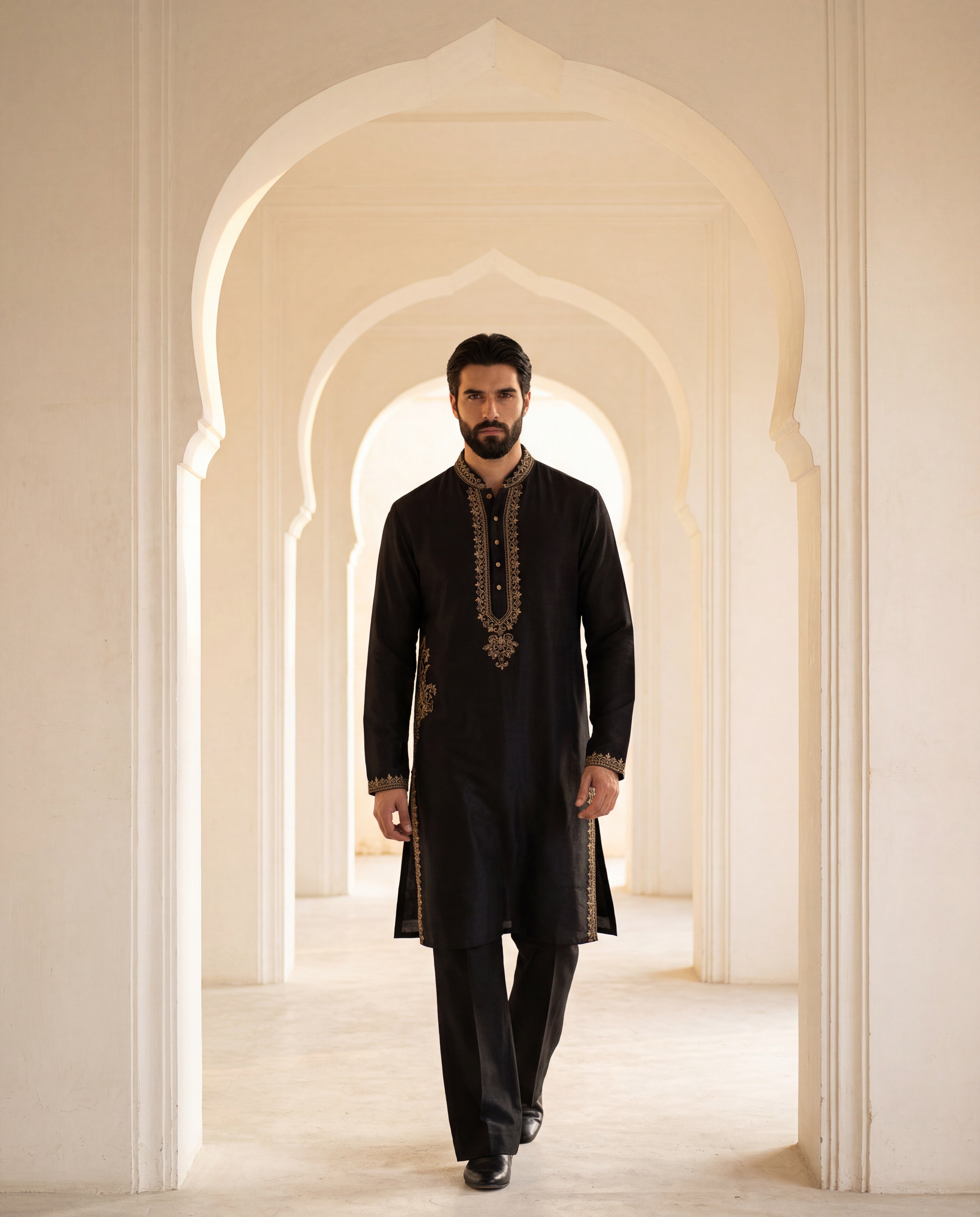 Black Chanderi silk kurta with intricate embroidery, paired with matching Chanderi silk aligadhi.