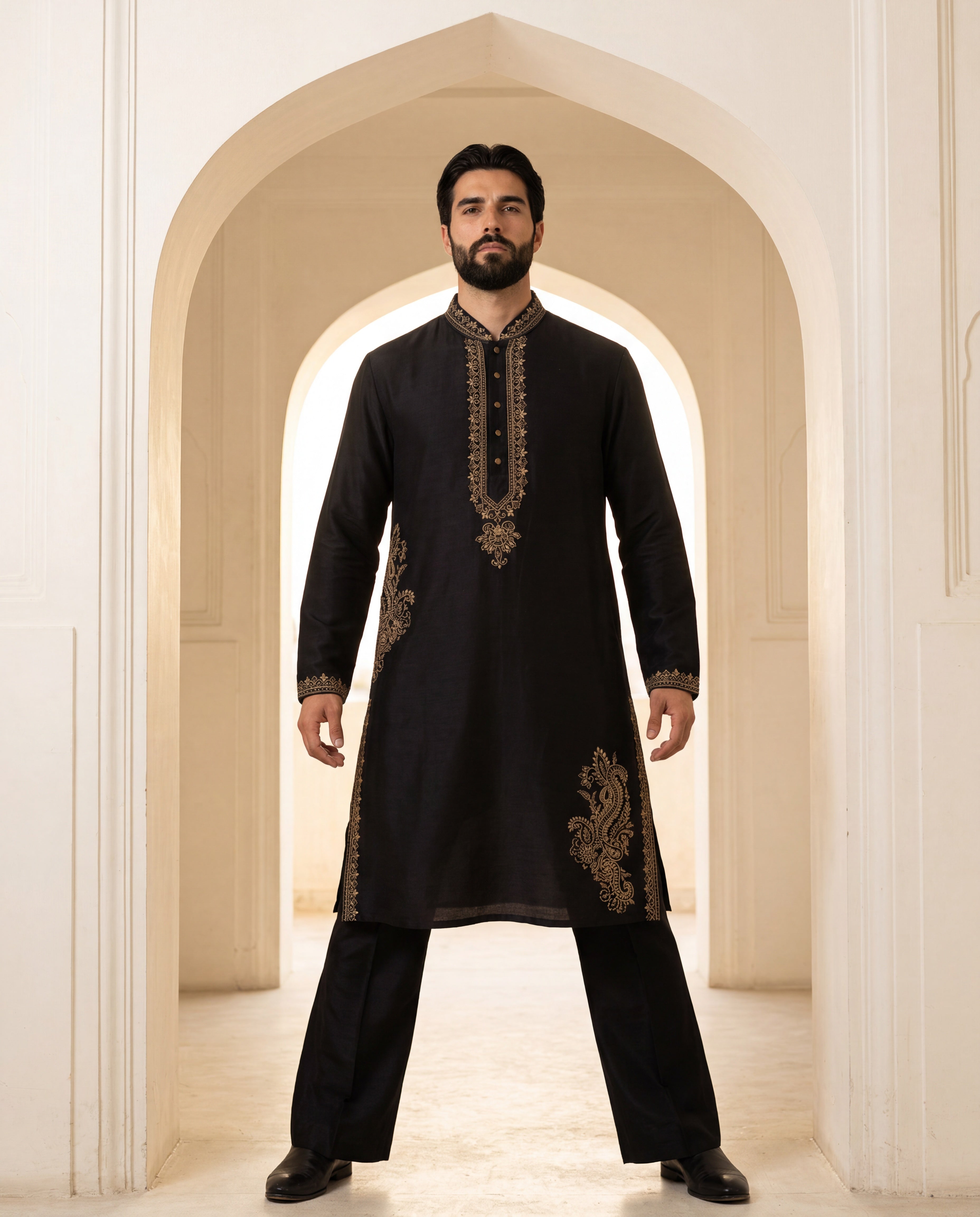 Black Chanderi silk kurta with intricate embroidery, paired with matching Chanderi silk aligadhi.