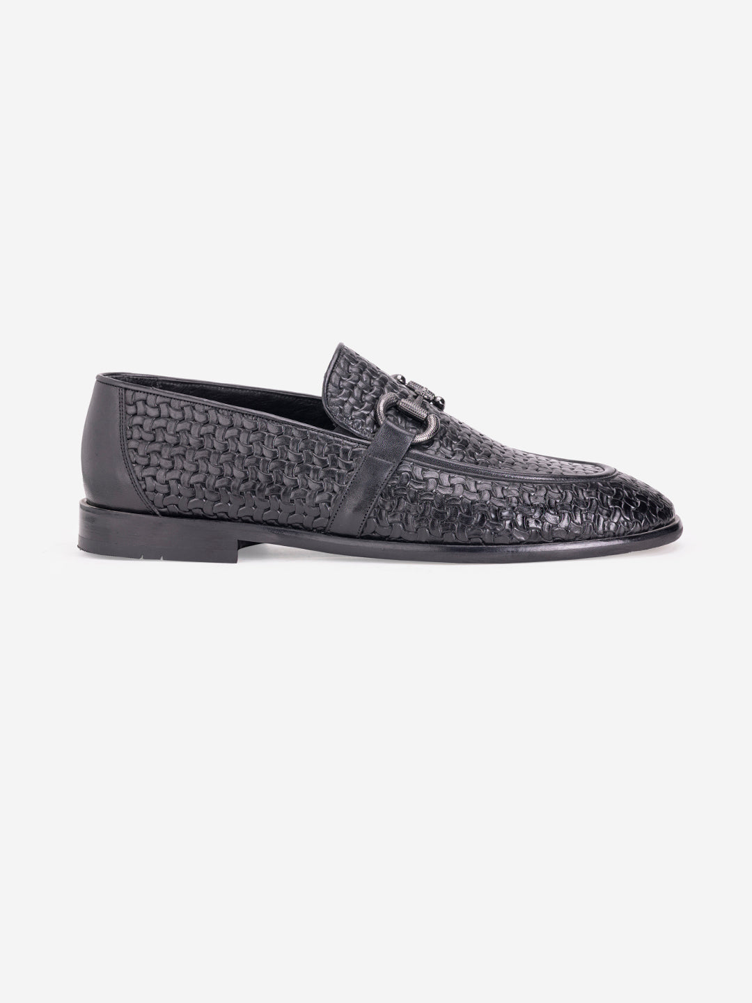 Patterned black loafers with buckle