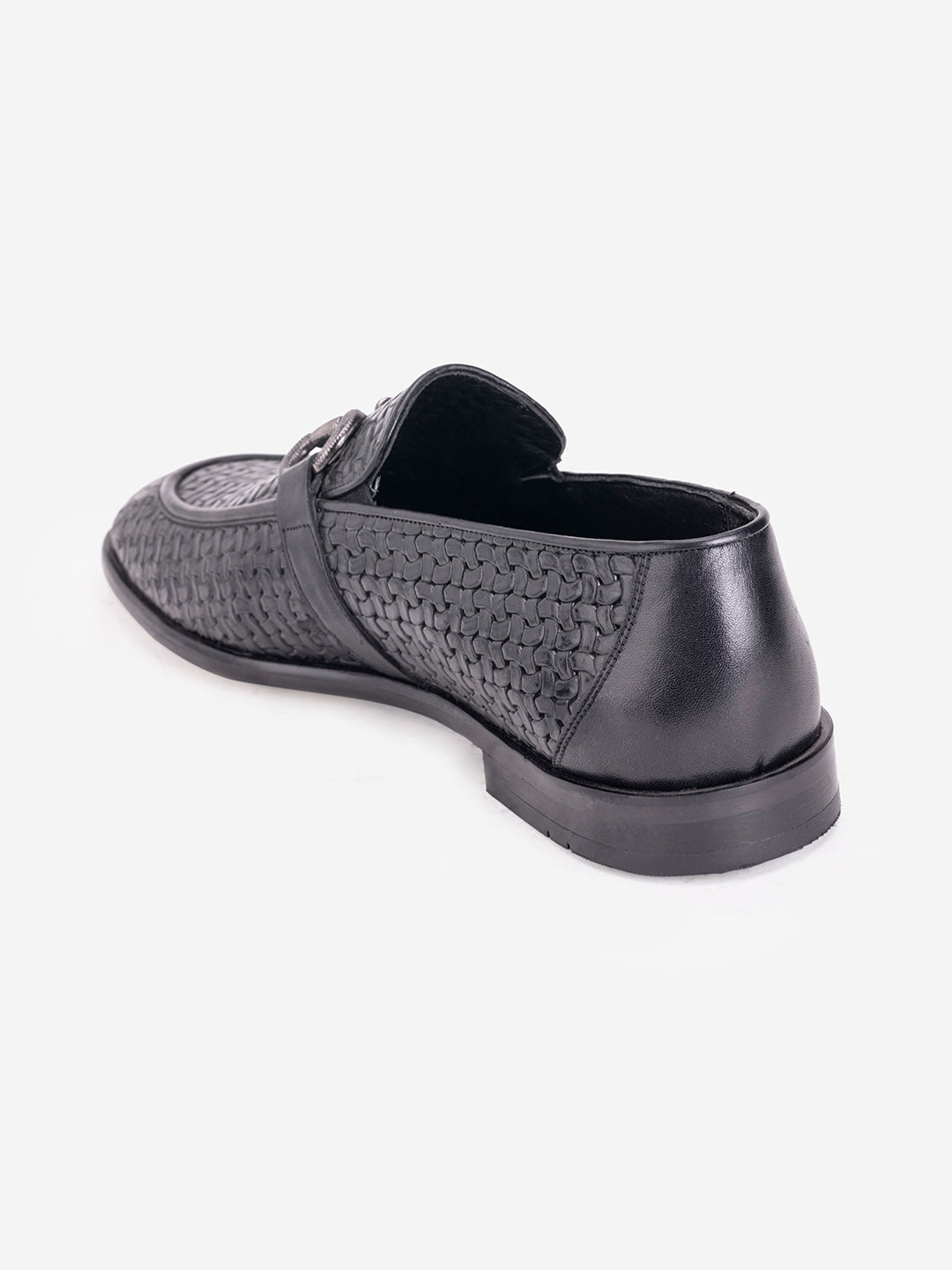 Patterned black loafers with buckle