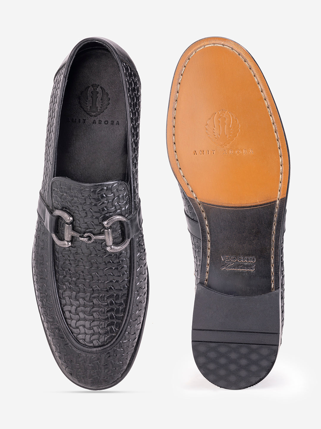 Patterned black loafers with buckle