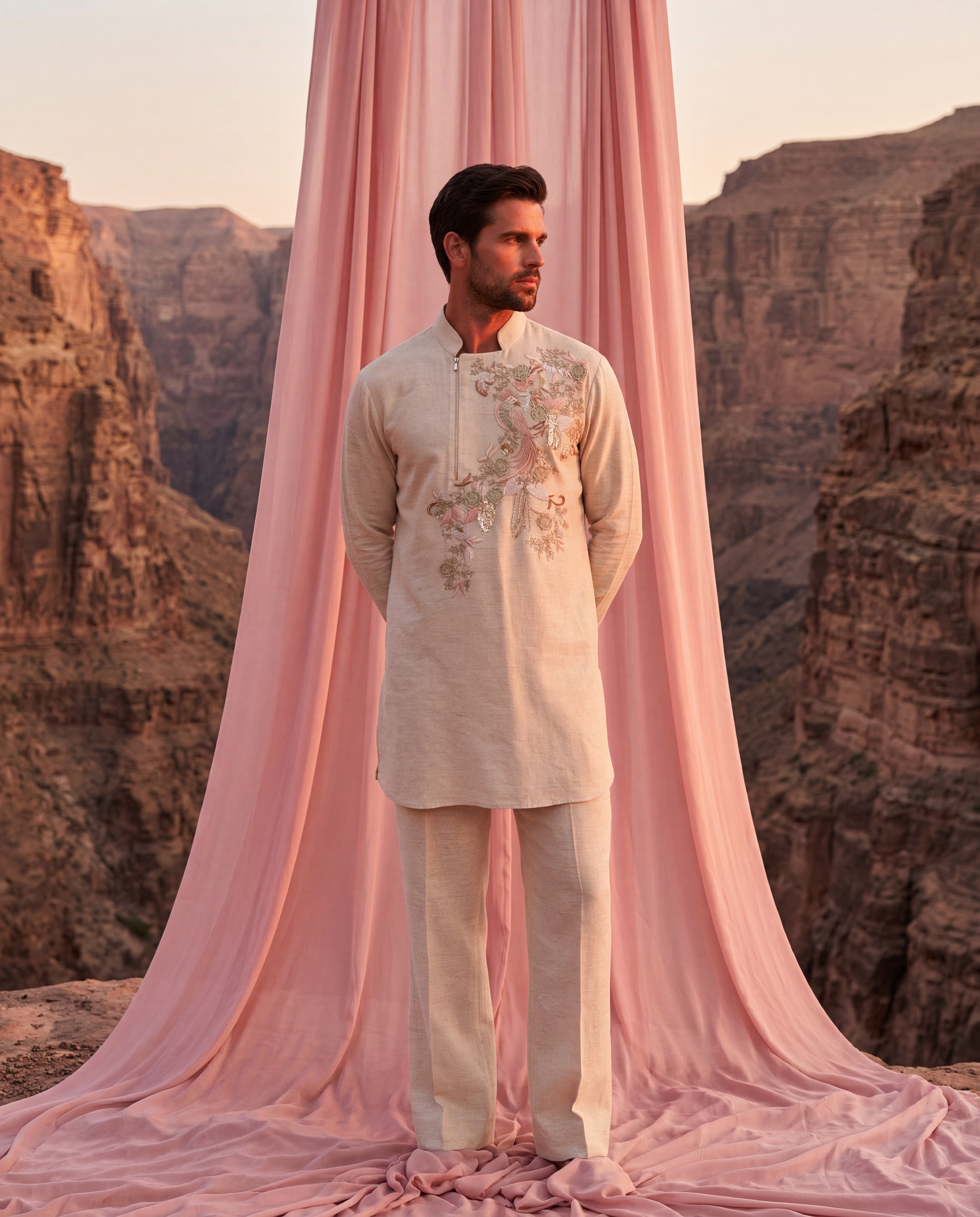 Beige Matka silk kurta with bird embroidery detailing, paired with matching Matka silk palazzo.