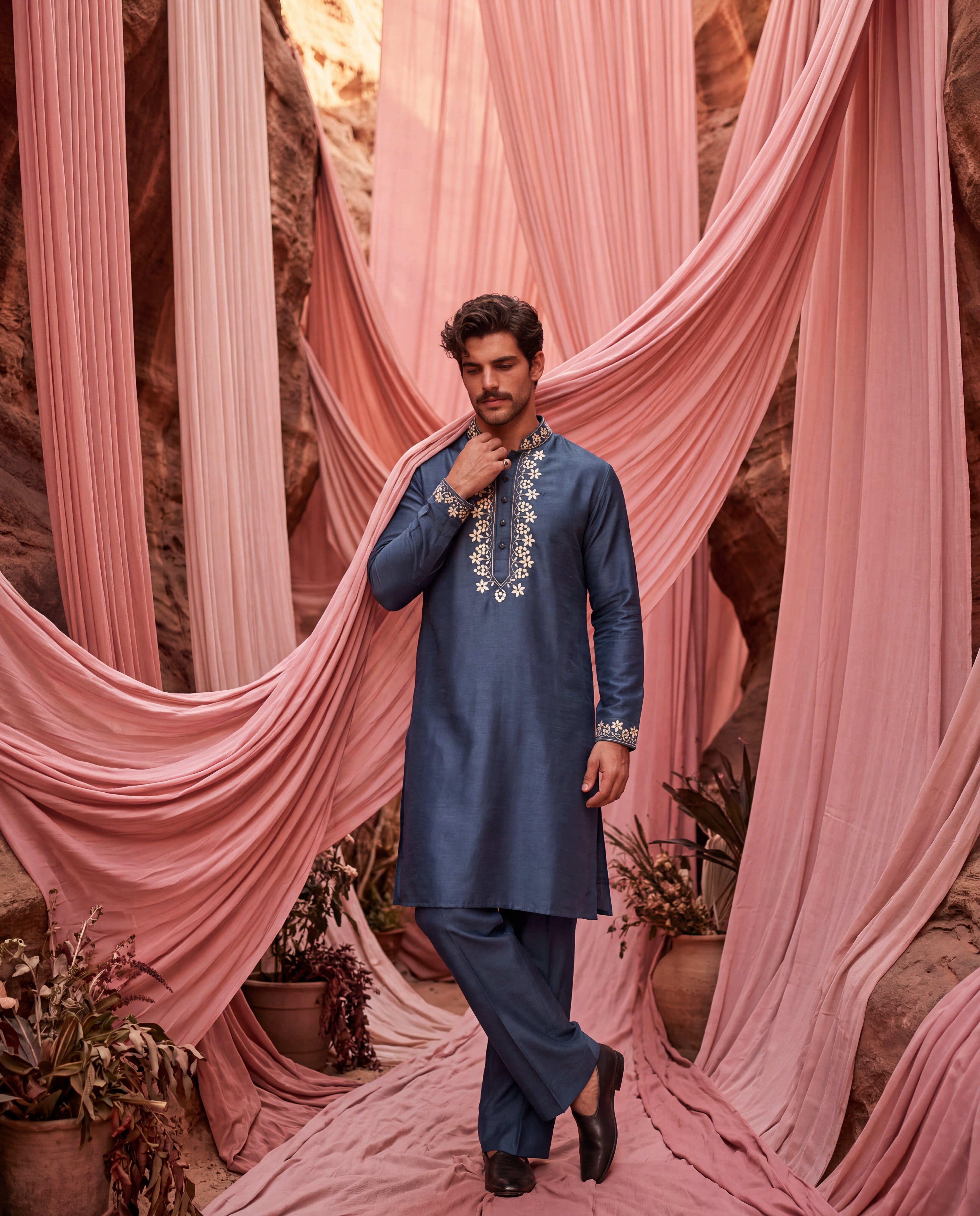 Dark turquoise Chanderi silk kurta with intricate embroidery, paired with matching Chanderi silk palazzo.