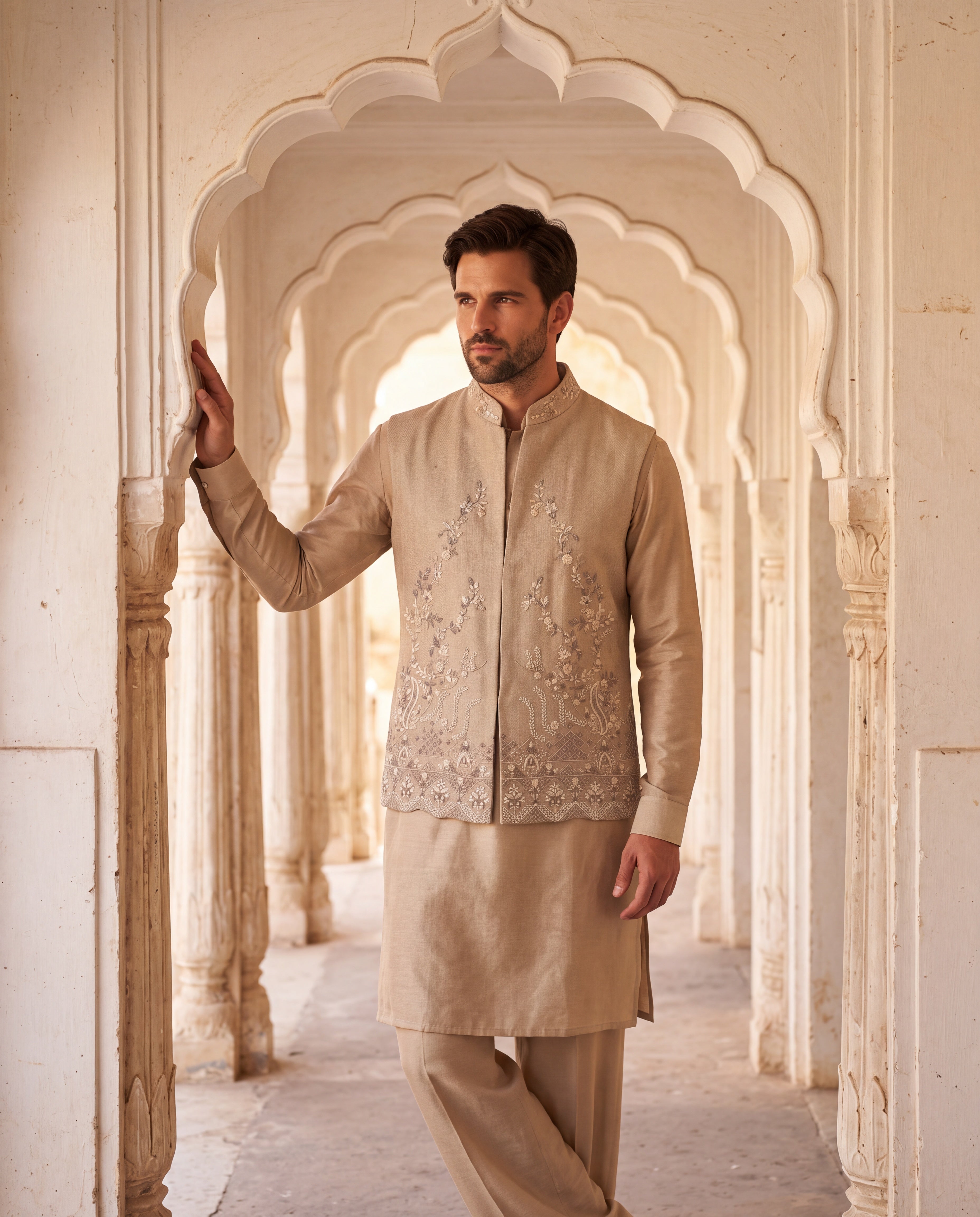 Khakhi herringbone waistcoat with hand-embroidered floral detailing, paired with a plain silk khakhi kurta and matching aligadhi pants.