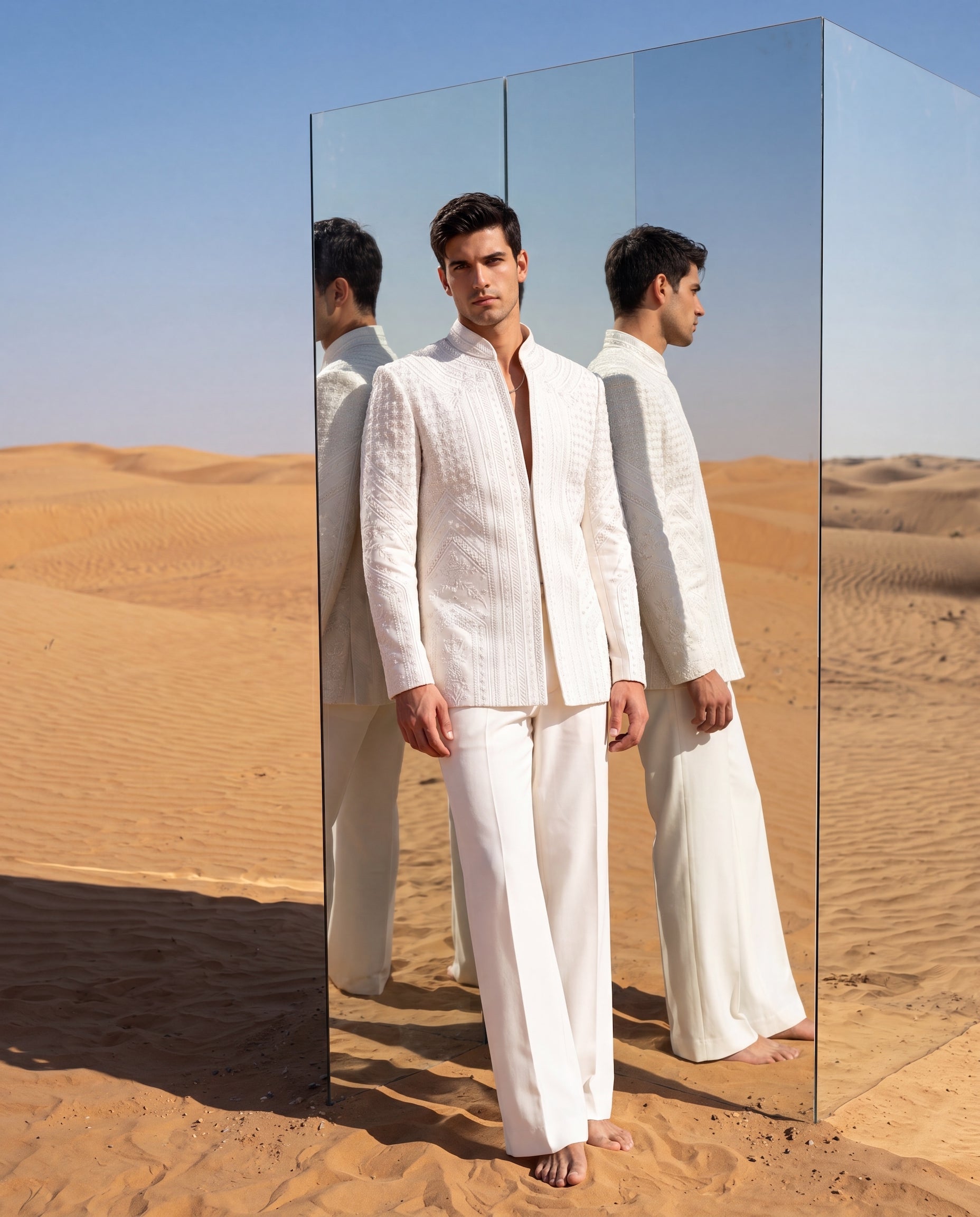 Ivory knit Indo-Western jacket with monotone geometric embroidery, paired with matching knit pants.