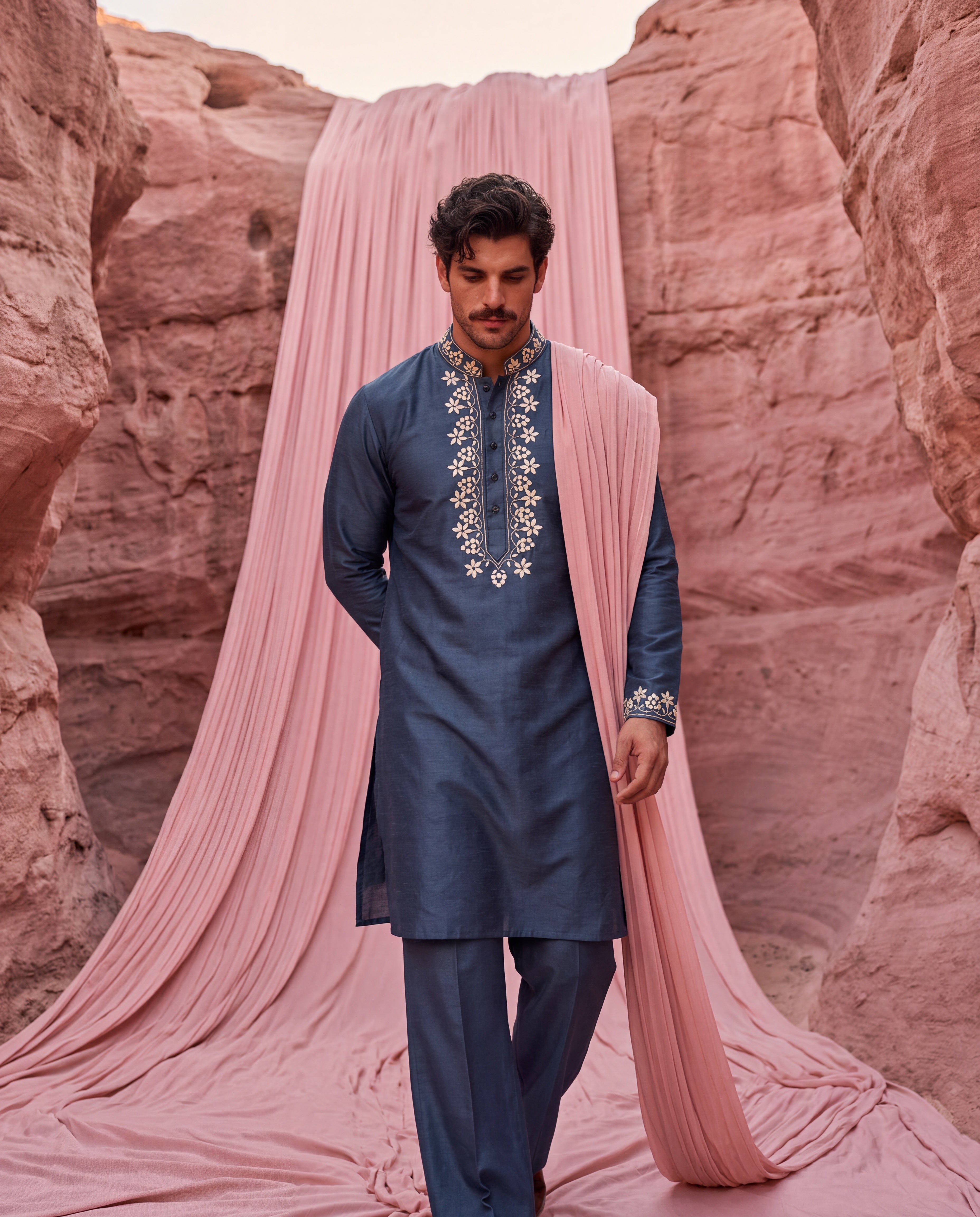 Dark turquoise Chanderi silk kurta with intricate embroidery, paired with matching Chanderi silk palazzo.
