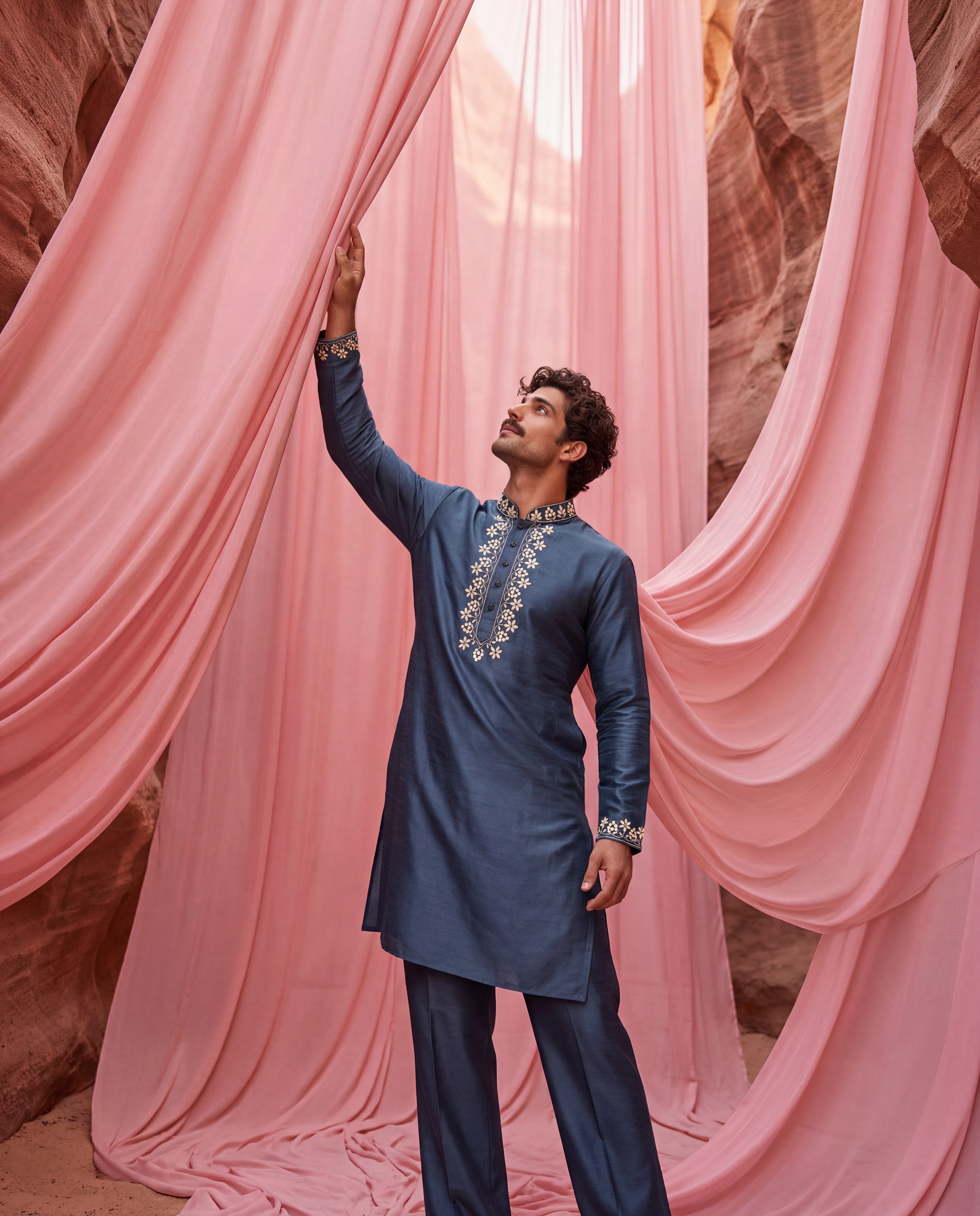 Dark turquoise Chanderi silk kurta with intricate embroidery, paired with matching Chanderi silk palazzo.