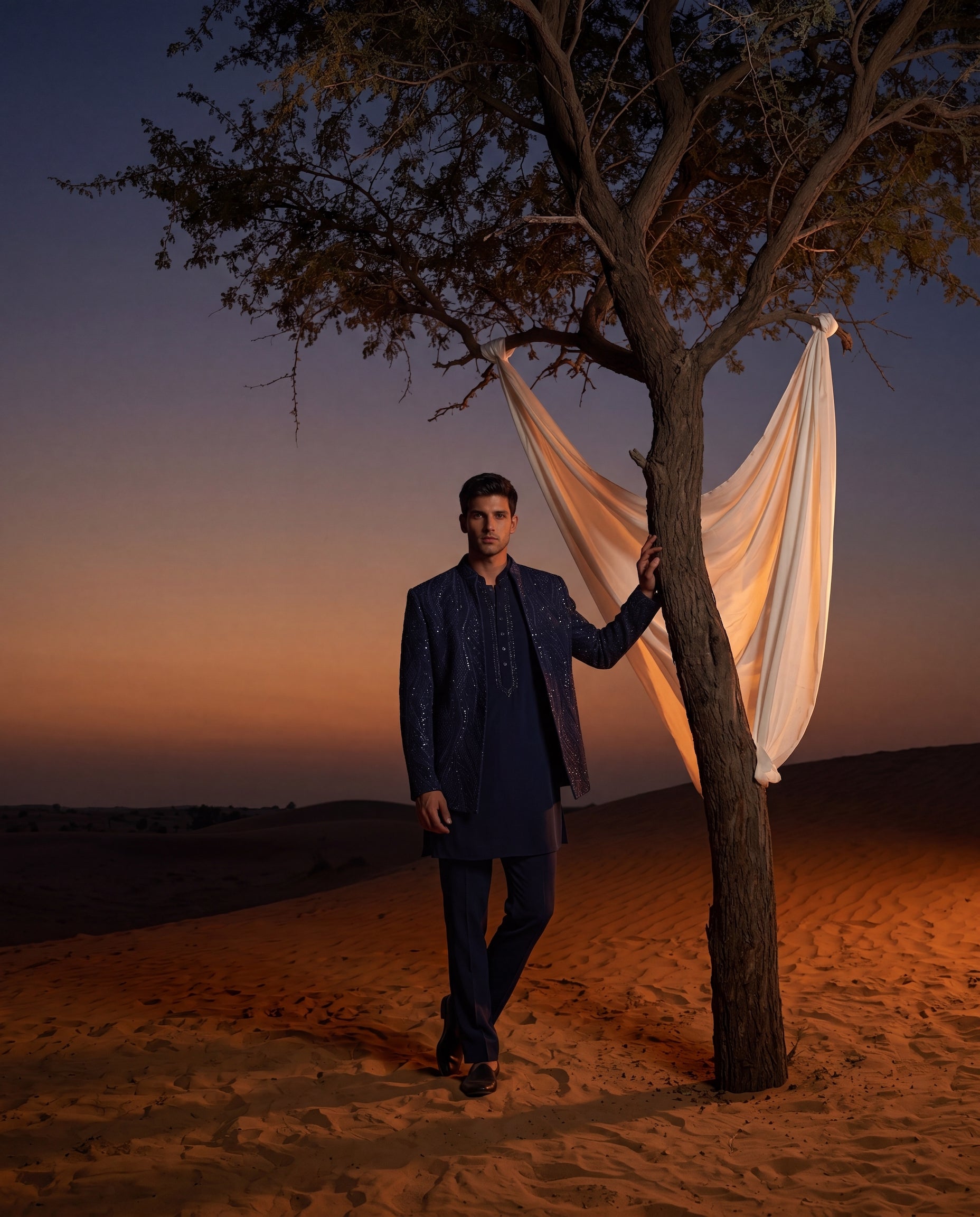 Textured crepe Indo-Western jacket with tonal detailing, paired with a matching crepe kurta and knit pants.