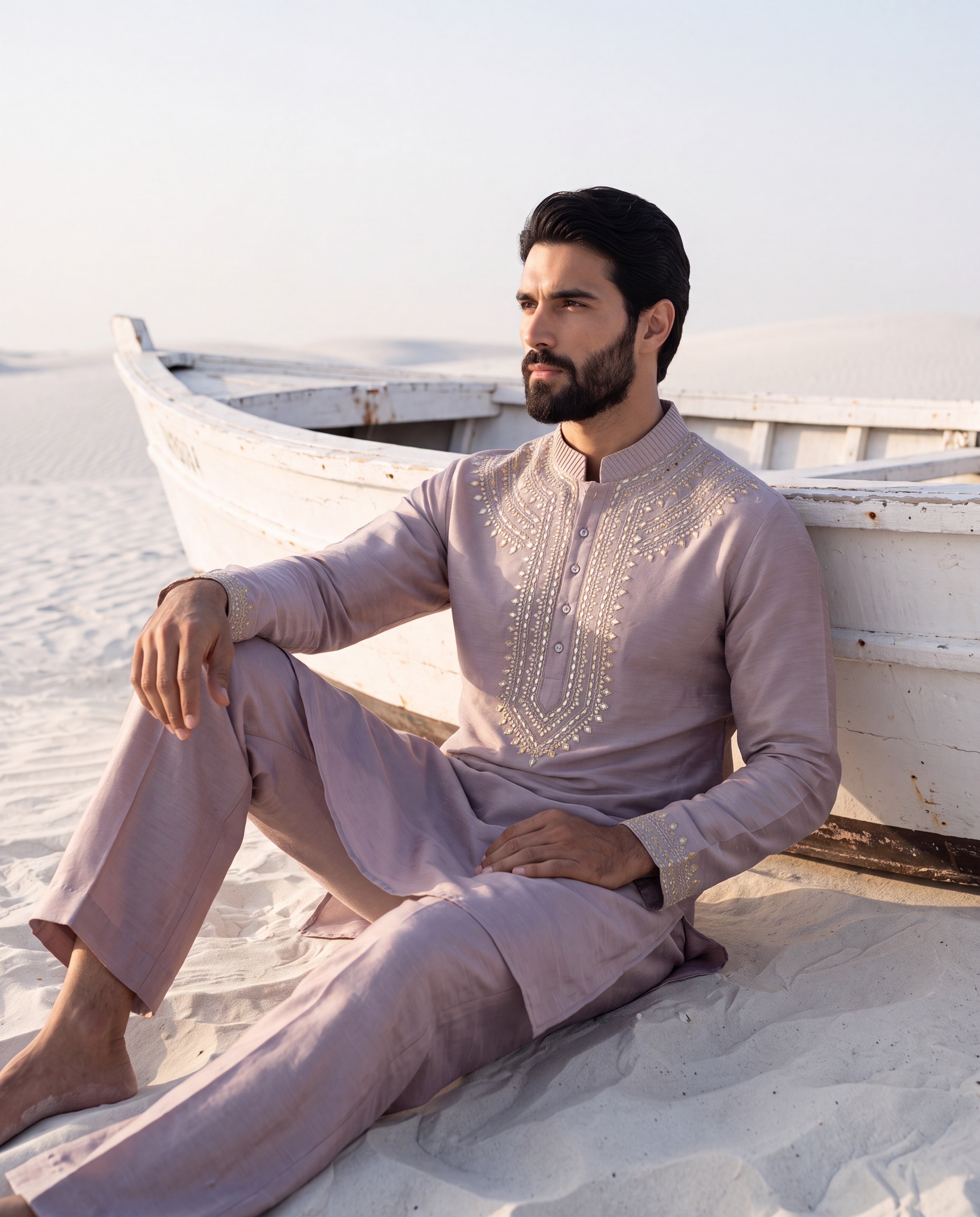 Lilac Chanderi silk kurta with intricate embroidery, paired with matching Chanderi silk palazzo.