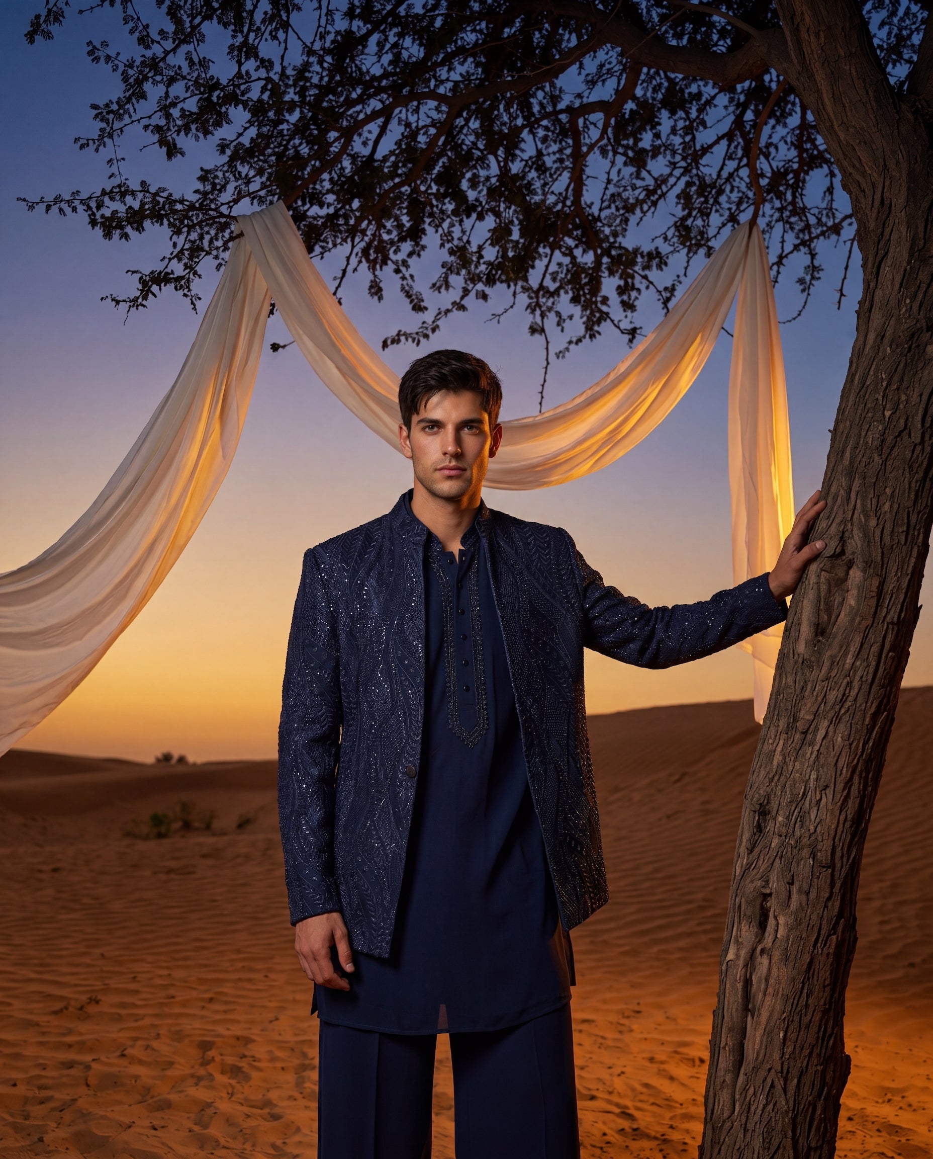 Textured crepe Indo-Western jacket with tonal detailing, paired with a matching crepe kurta and knit pants.