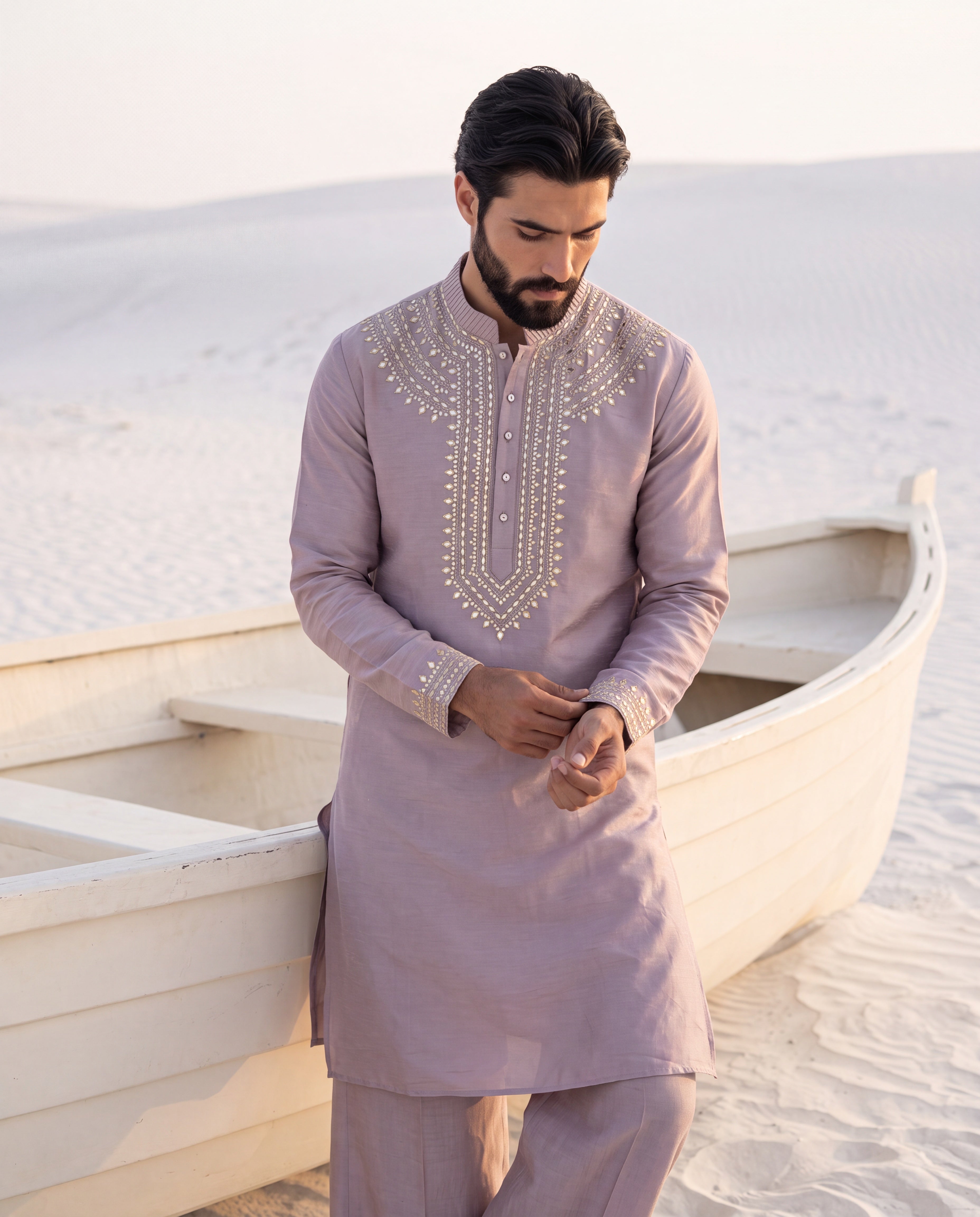 Lilac Chanderi silk kurta with intricate embroidery, paired with matching Chanderi silk palazzo.
