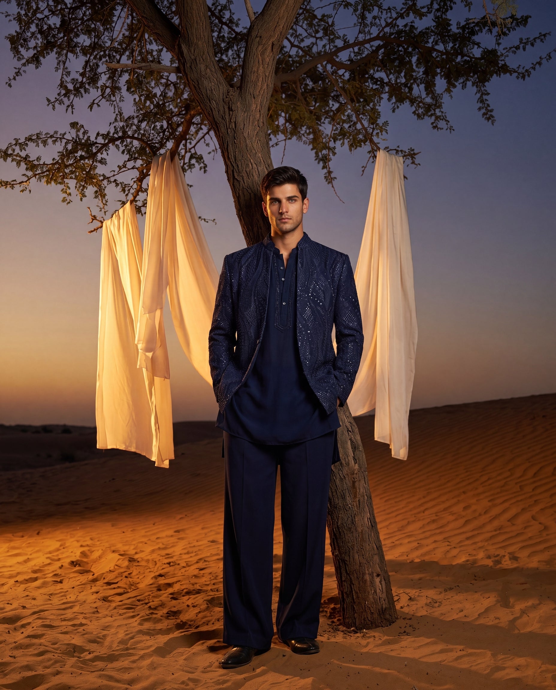Textured crepe Indo-Western jacket with tonal detailing, paired with a matching crepe kurta and knit pants.