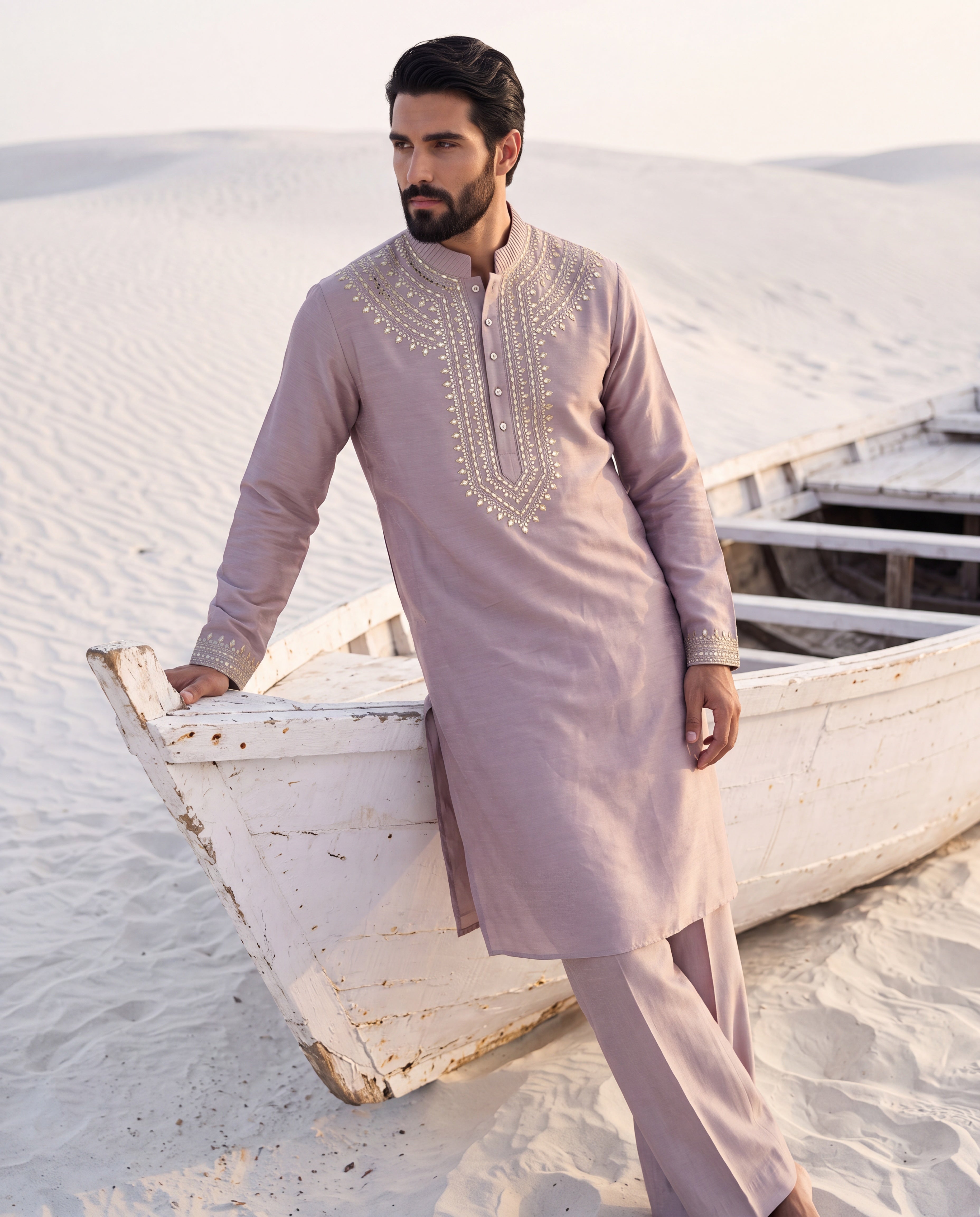 Lilac Chanderi silk kurta with intricate embroidery, paired with matching Chanderi silk palazzo.