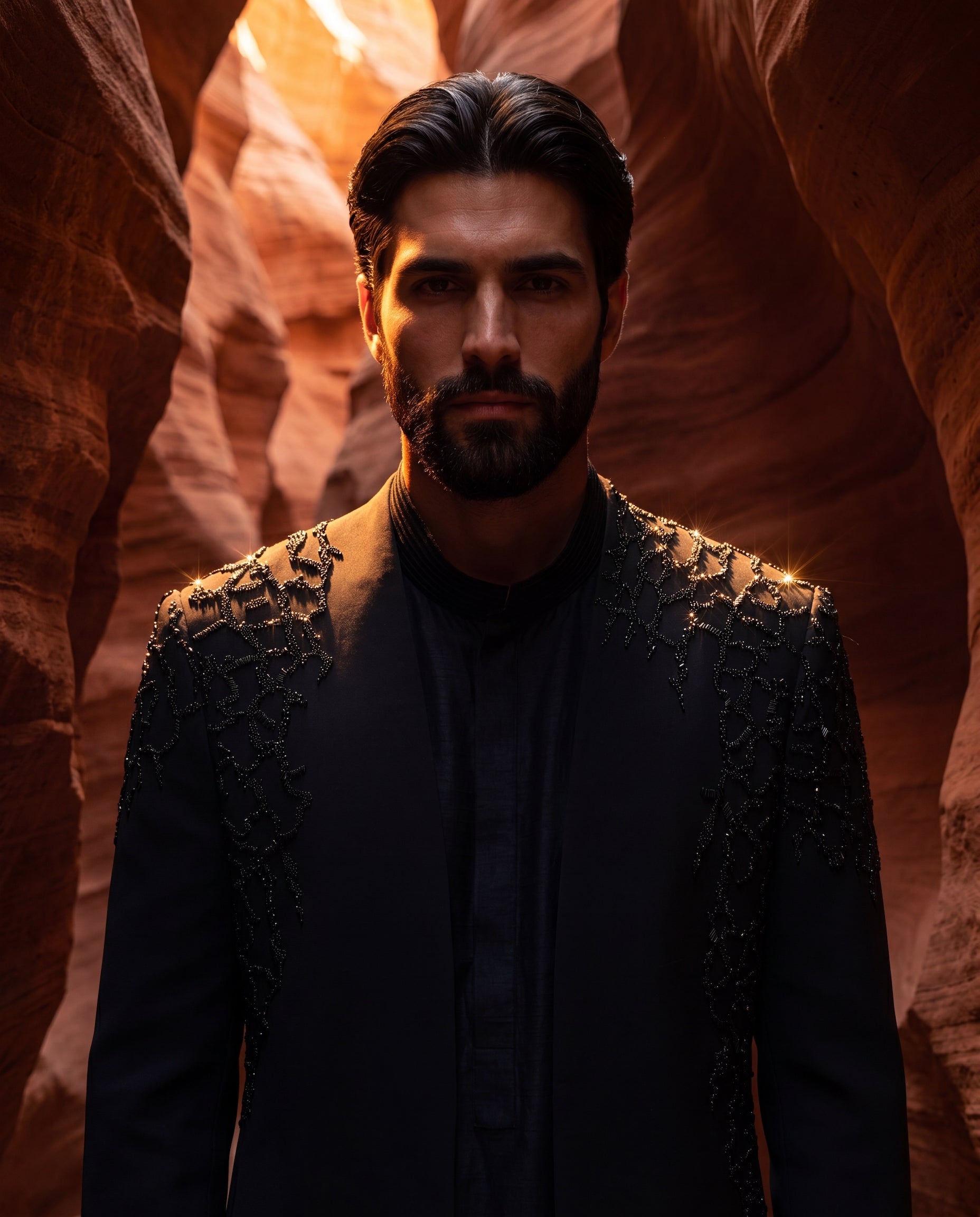 Textured knit Indo-Western jacket with tonal detailing, paired with a raw silk kurta and matching knit pants.