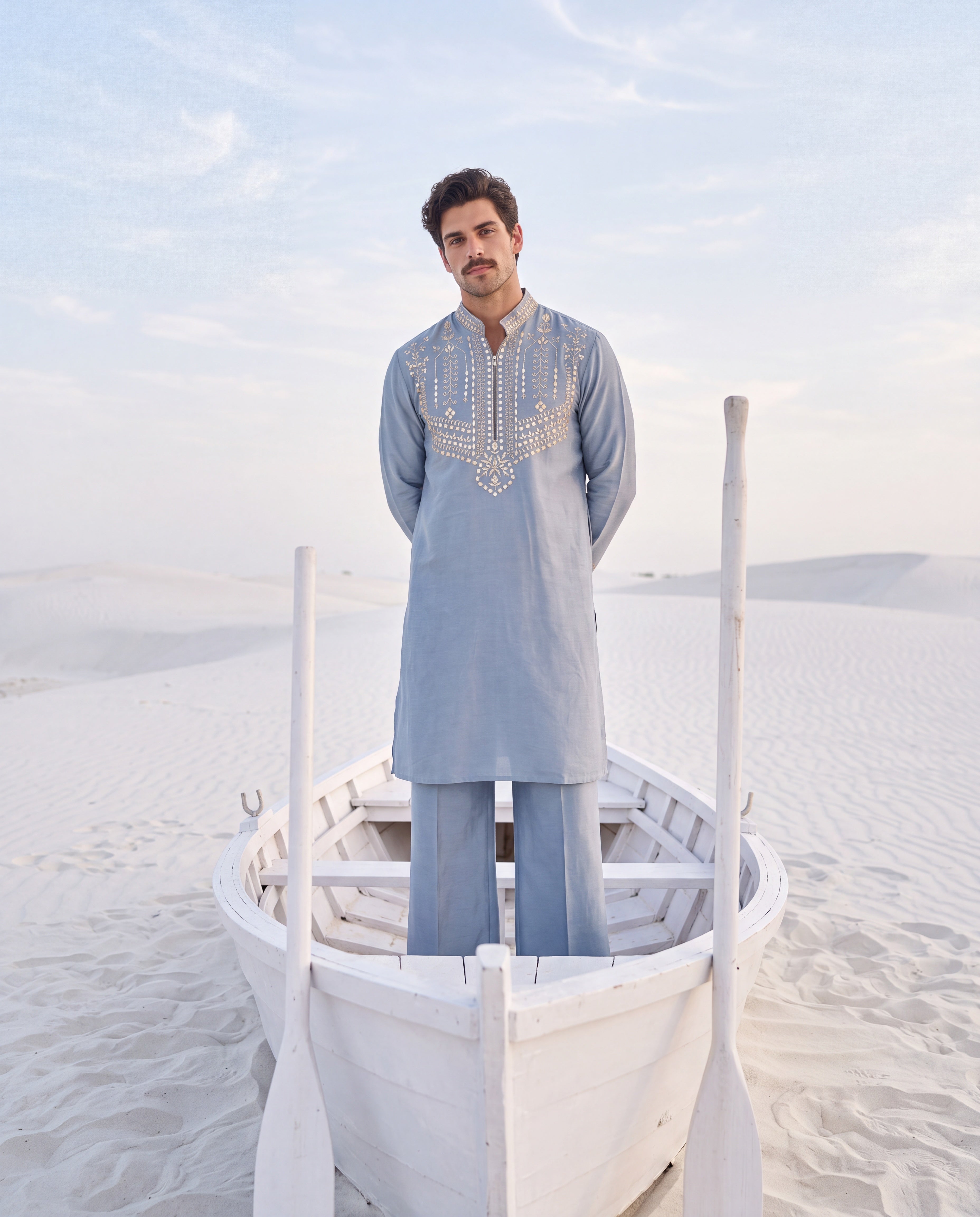 Medium blue Chanderi silk kurta with intricate embroidery, paired with matching Chanderi silk palazzo.