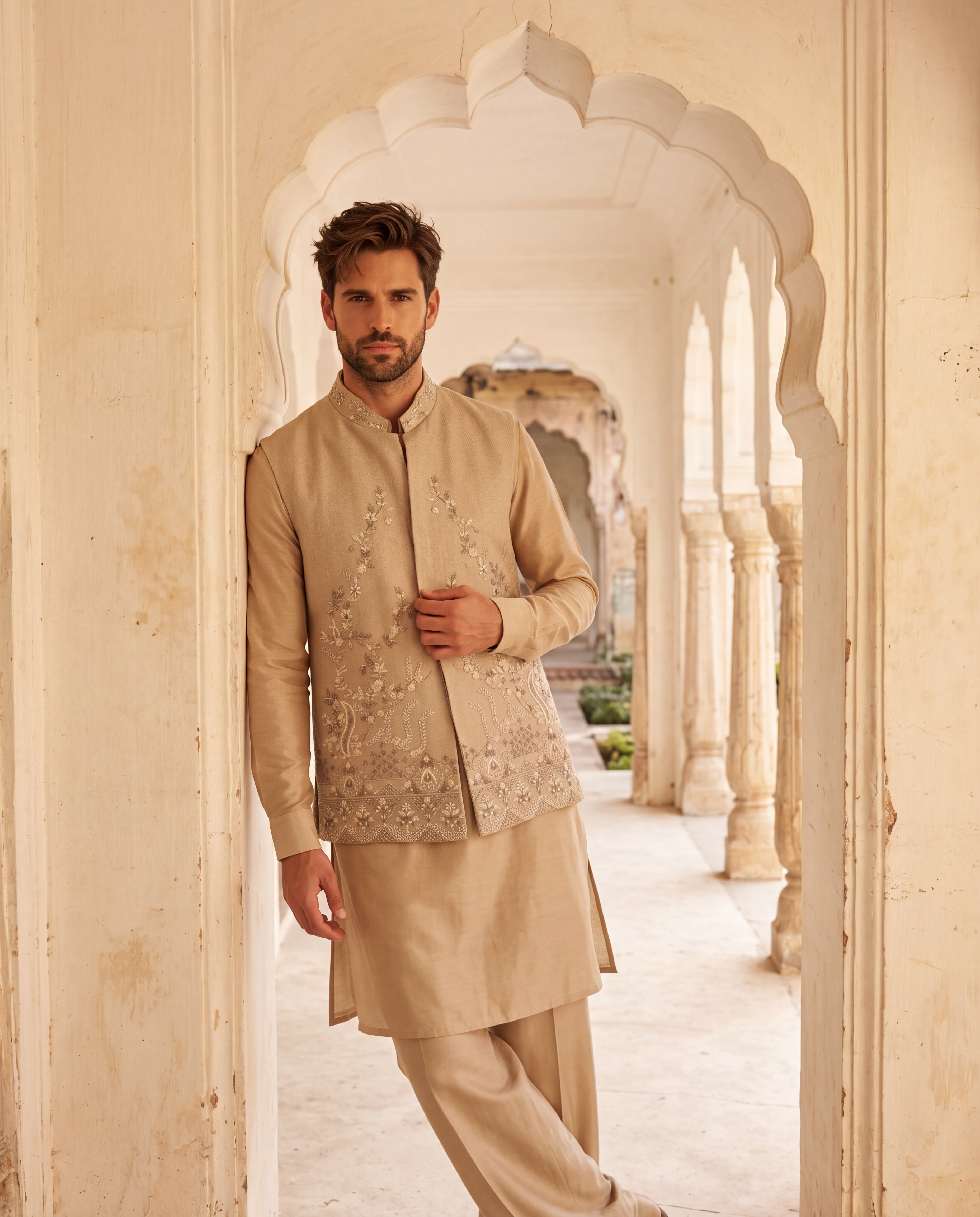 Khakhi herringbone waistcoat with hand-embroidered floral detailing, paired with a plain silk khakhi kurta and matching aligadhi pants.