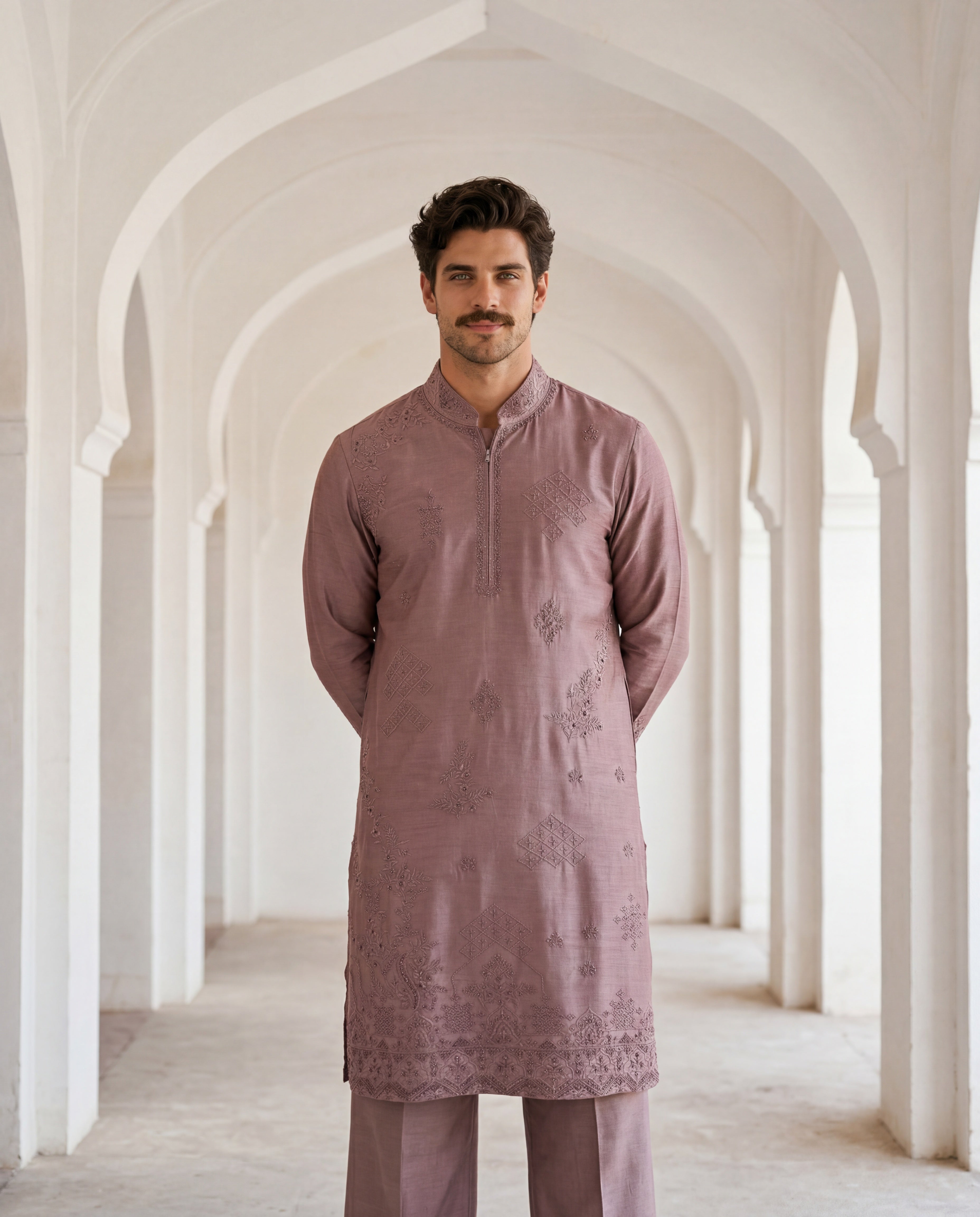 Mauve Chanderi silk kurta with tonal floral embroidery, paired with matching Chanderi silk aligadhi.