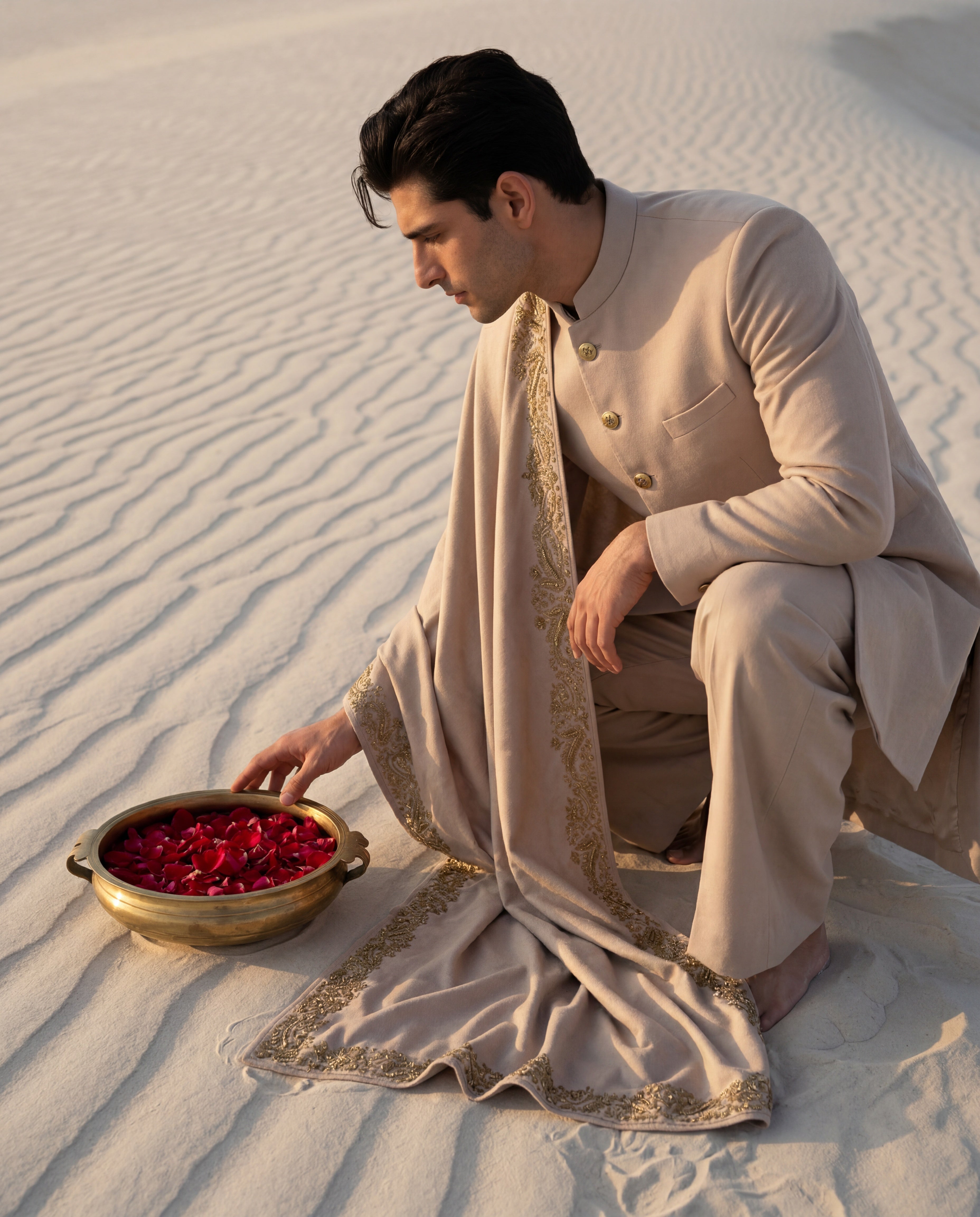 Beige Pashmina sherwani featuring gold buttons along the front, paired with matching pashmina pants and a pashmina stole embellished with a hand-embroidered border.