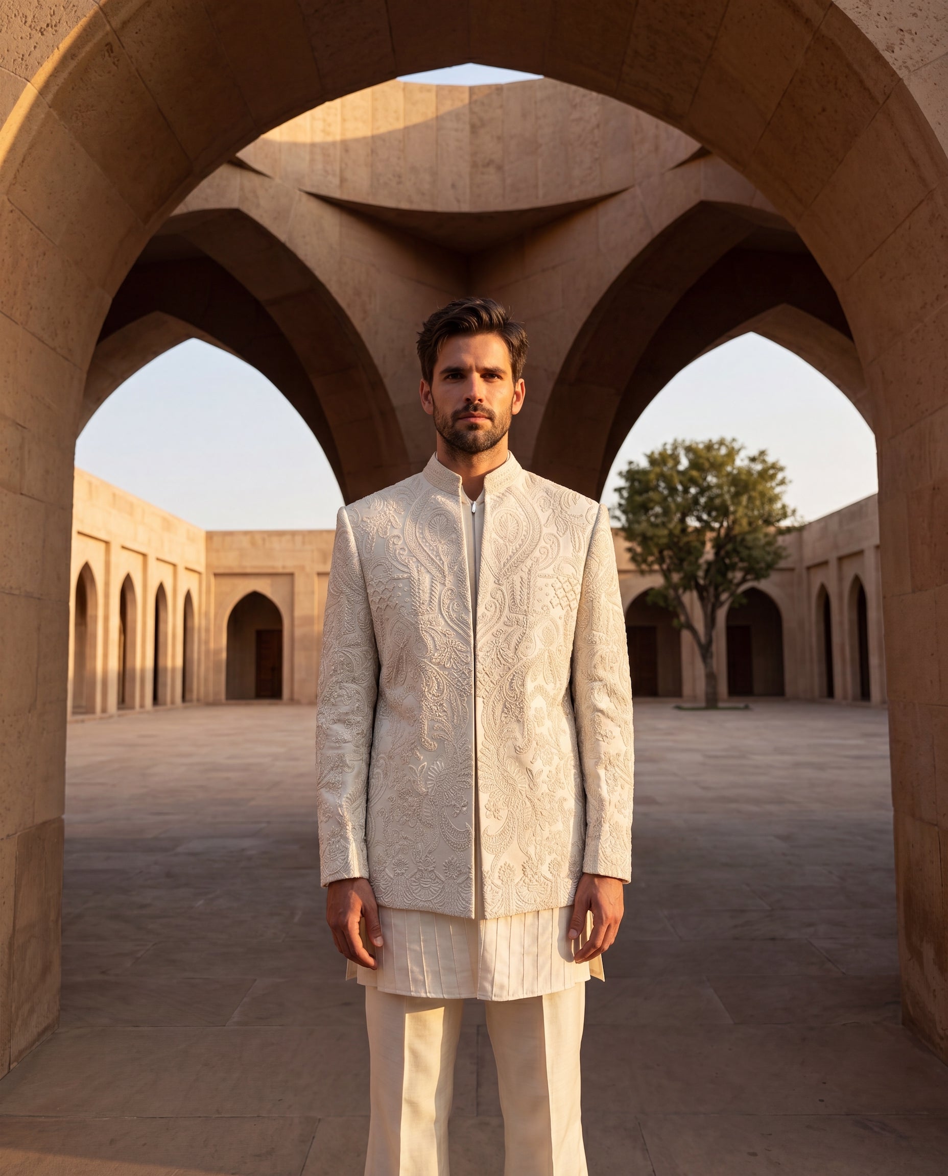 Linen rayon silk Indo-Western jacket with monotone embroidery detailing, paired with a kurta with pintucks detailing and matching palazzo.
