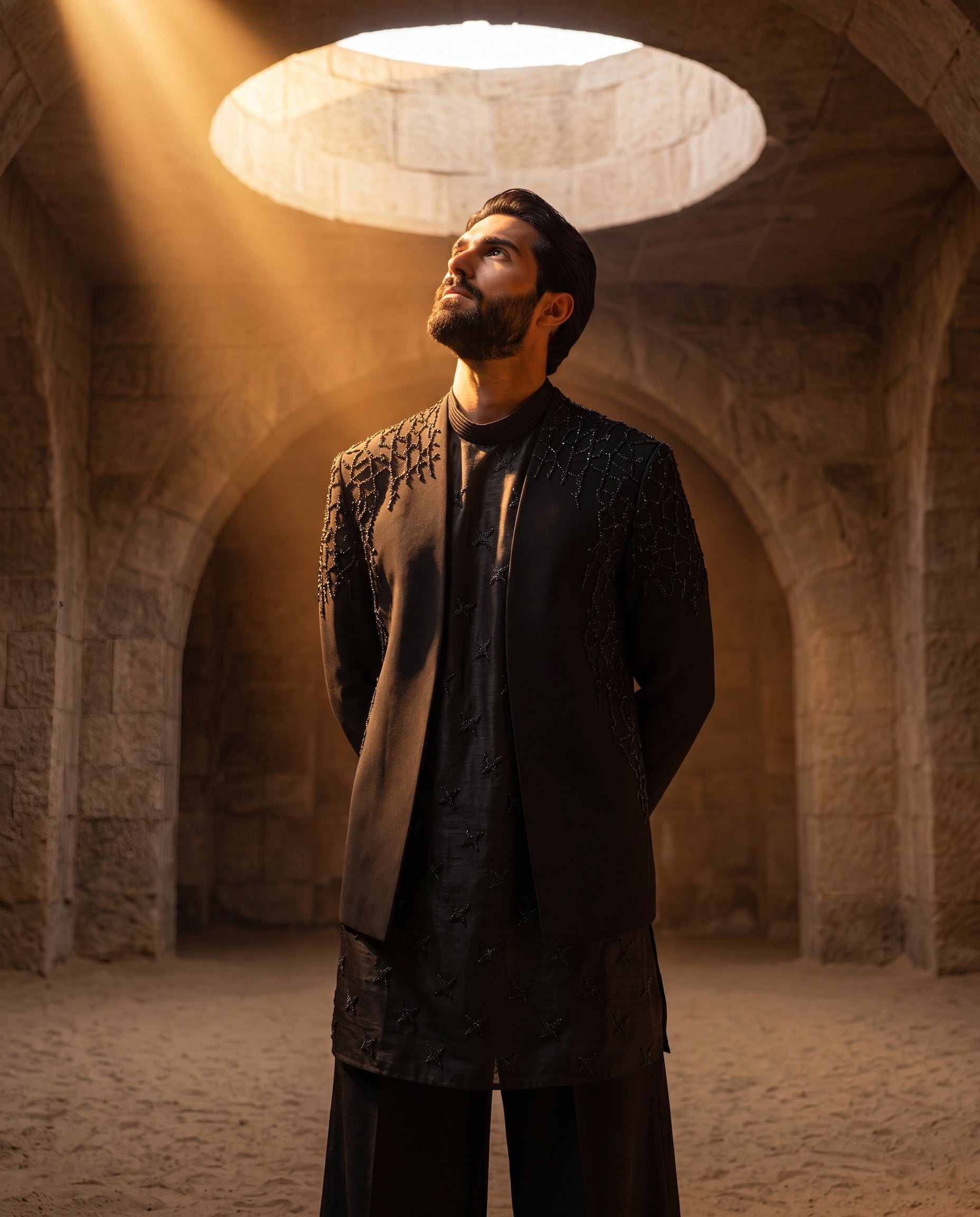Textured knit Indo-Western jacket with tonal detailing, paired with a raw silk kurta and matching knit pants.