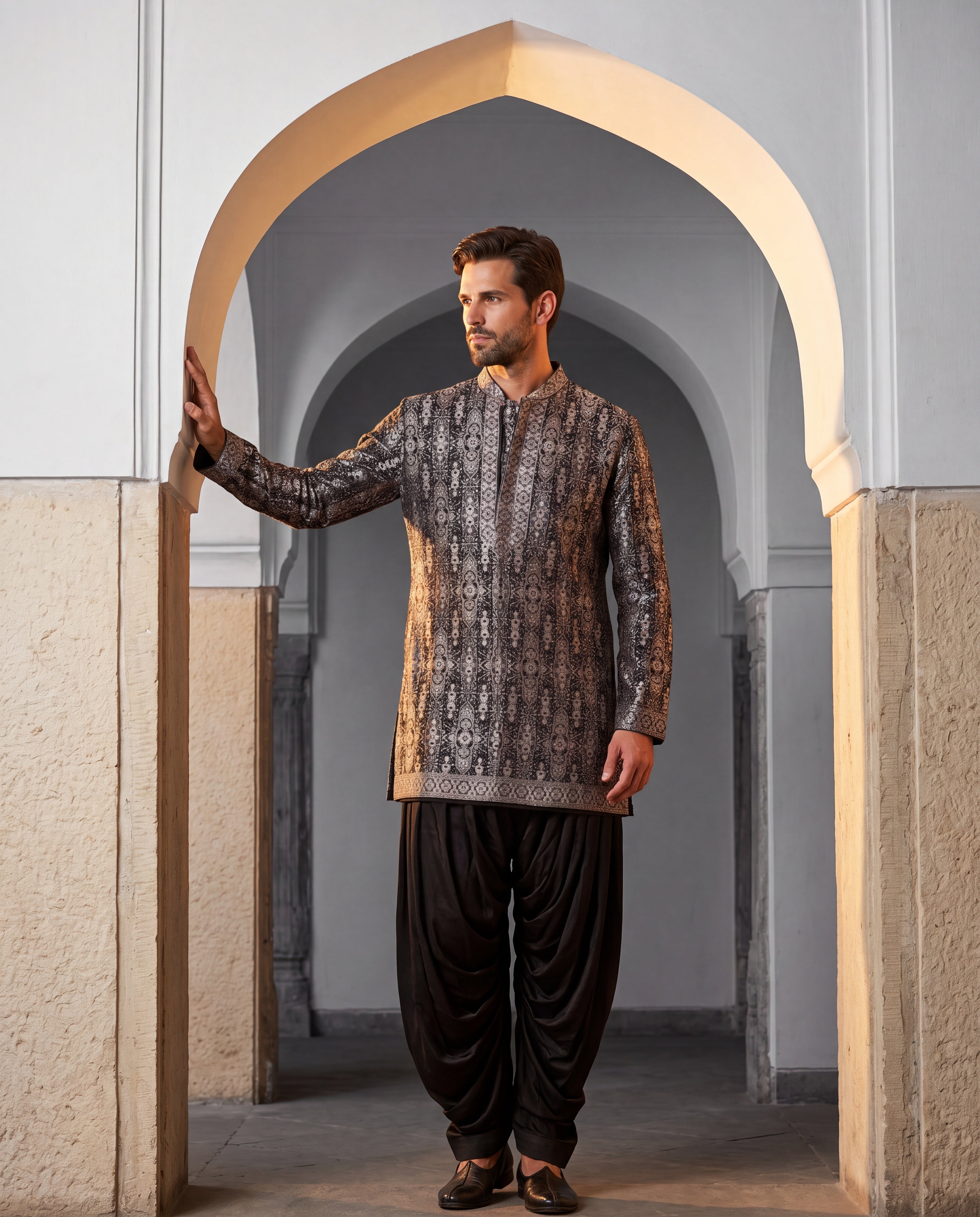 Black silk kurta with multi-coloured intricate embroidered detailing, paired with matching cotton modal salwar.