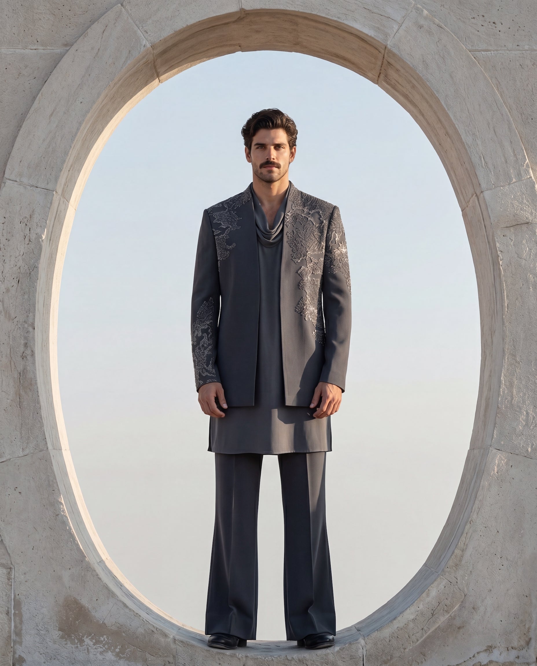 Grey knit Indo-Western jacket with metallic embroidery, paired with a knit kurta and matching palazzo.