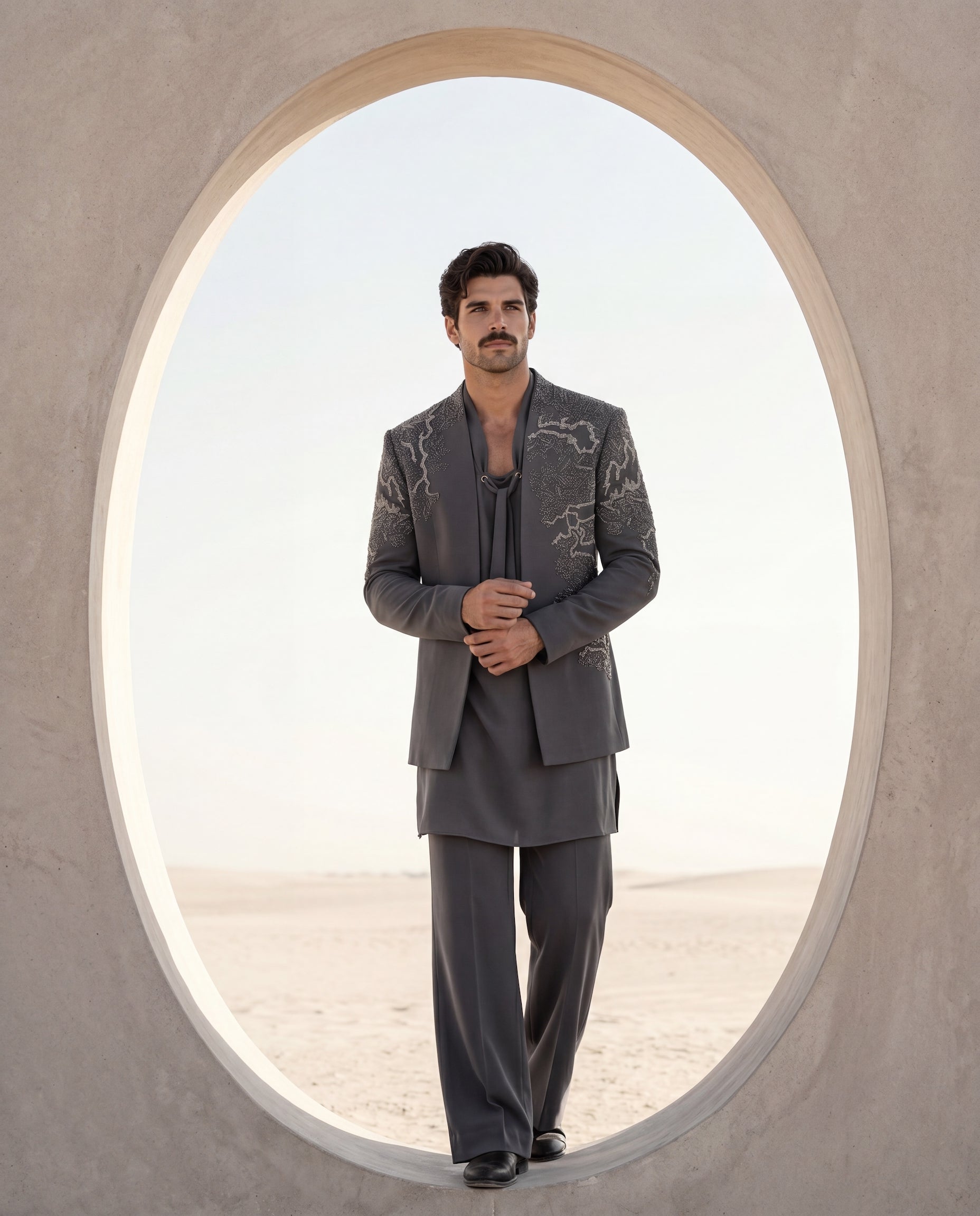 Grey knit Indo-Western jacket with metallic embroidery, paired with a knit kurta and matching palazzo.