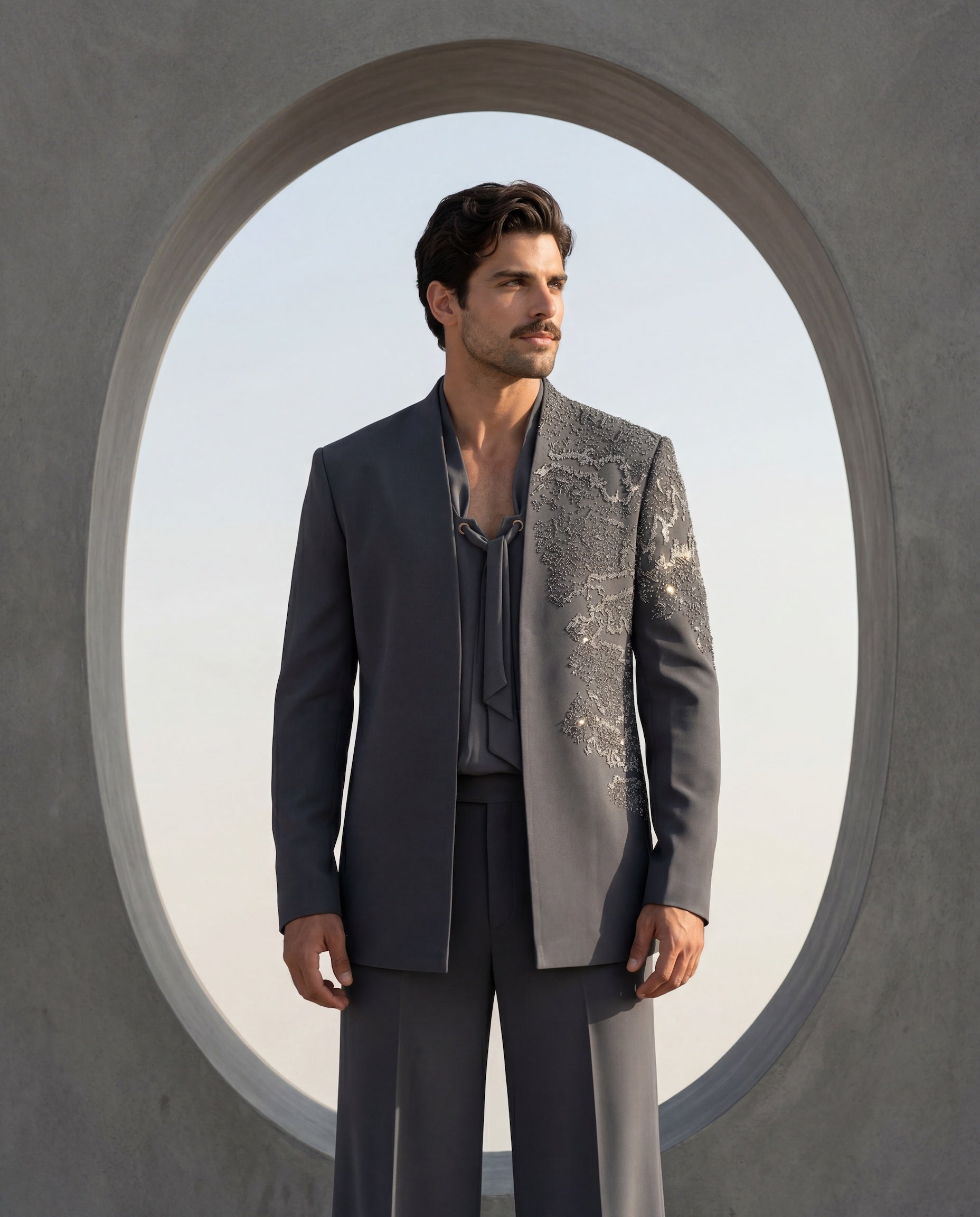 Grey knit Indo-Western jacket with metallic embroidery, paired with a knit kurta and matching palazzo.