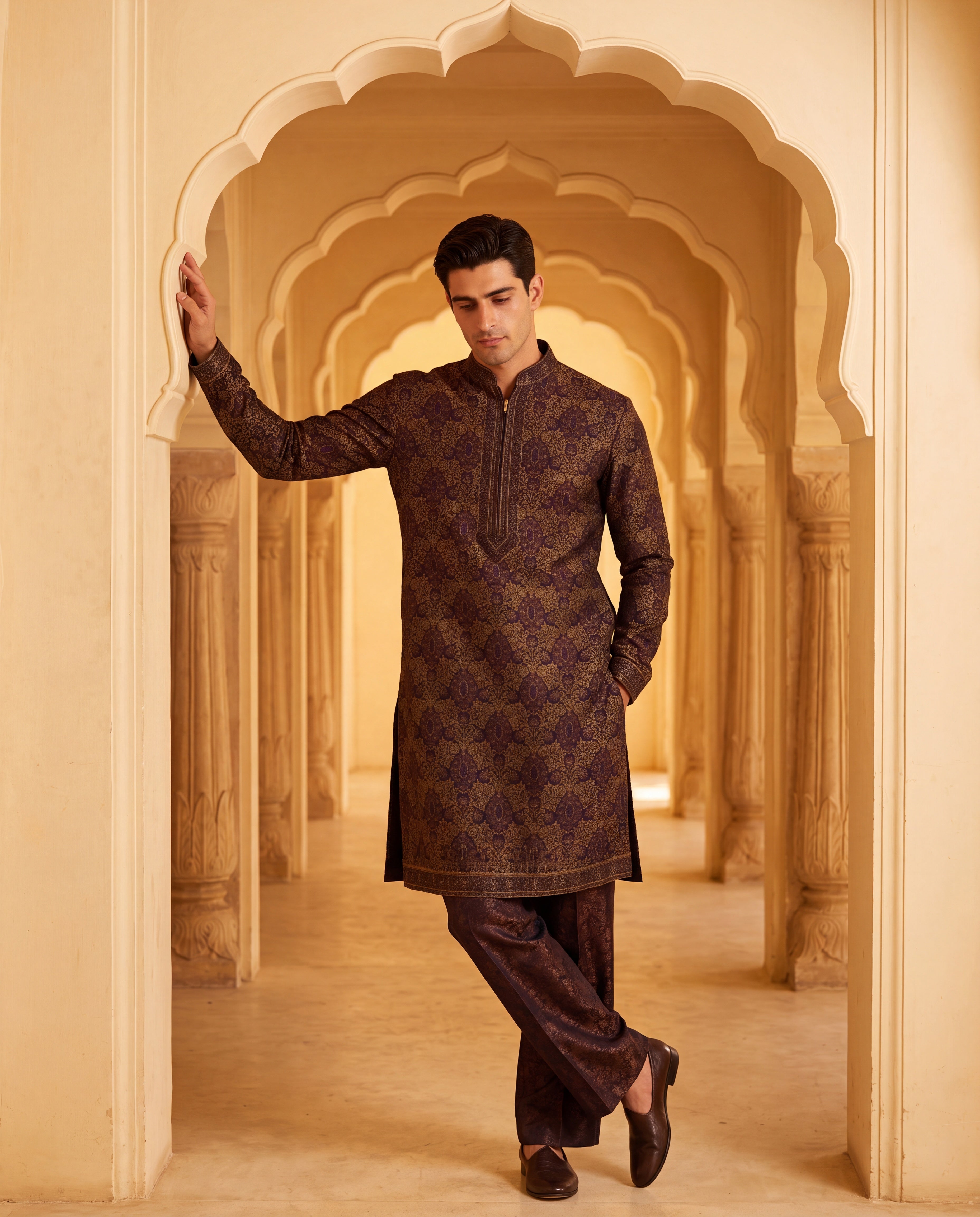 Multi-colour silk kurta with contrast embroidery detailing, paired with a cotton modal palazzo.
