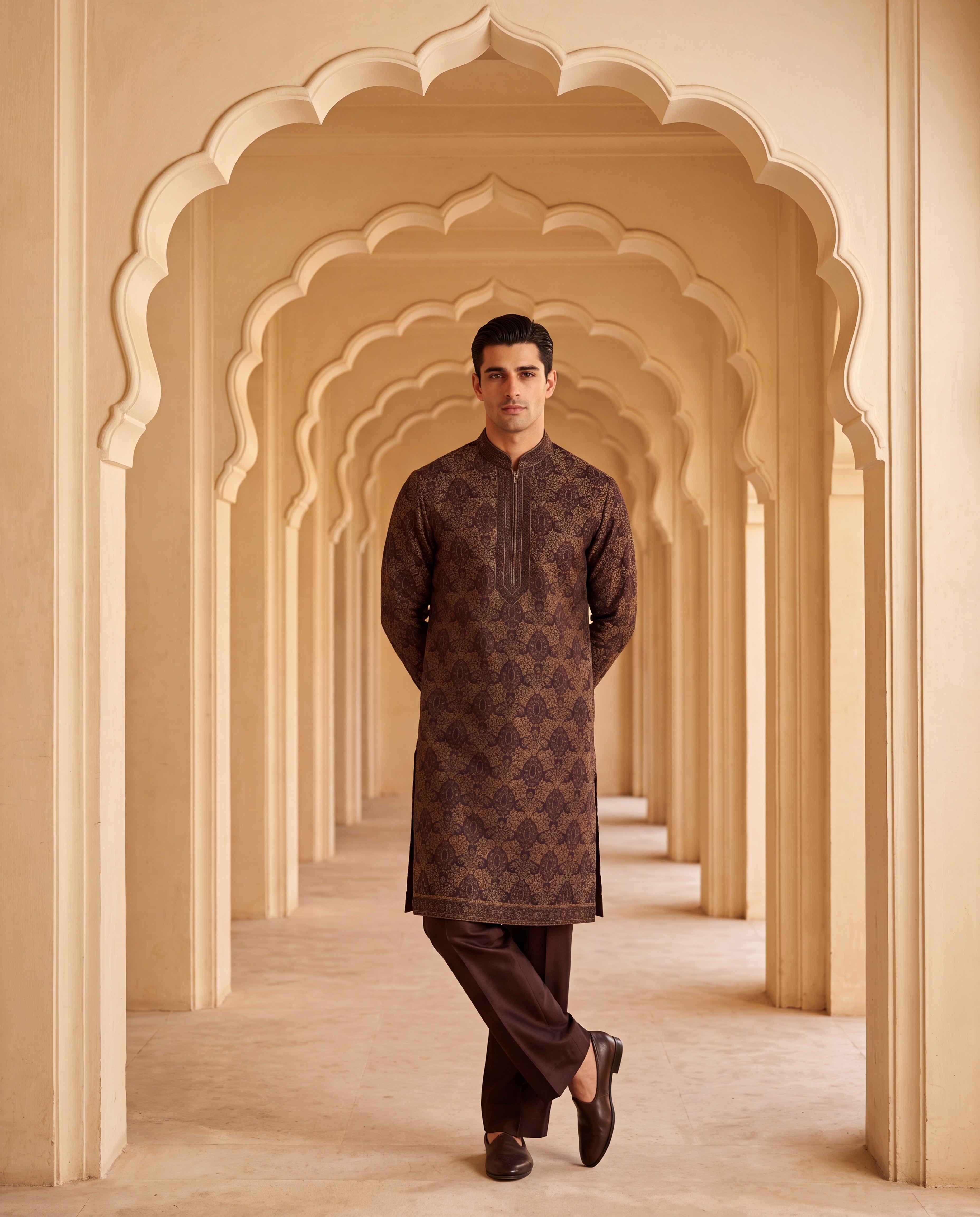 Multi-colour silk kurta with contrast embroidery detailing, paired with a cotton modal palazzo.