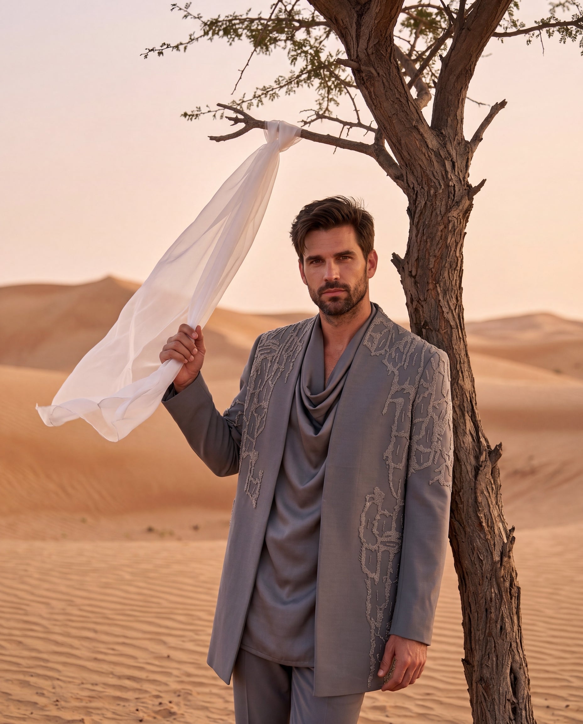 Grey knit Indo-Western jacket with metallic embroidery, paired with a cowl kurta and matching palazzo.