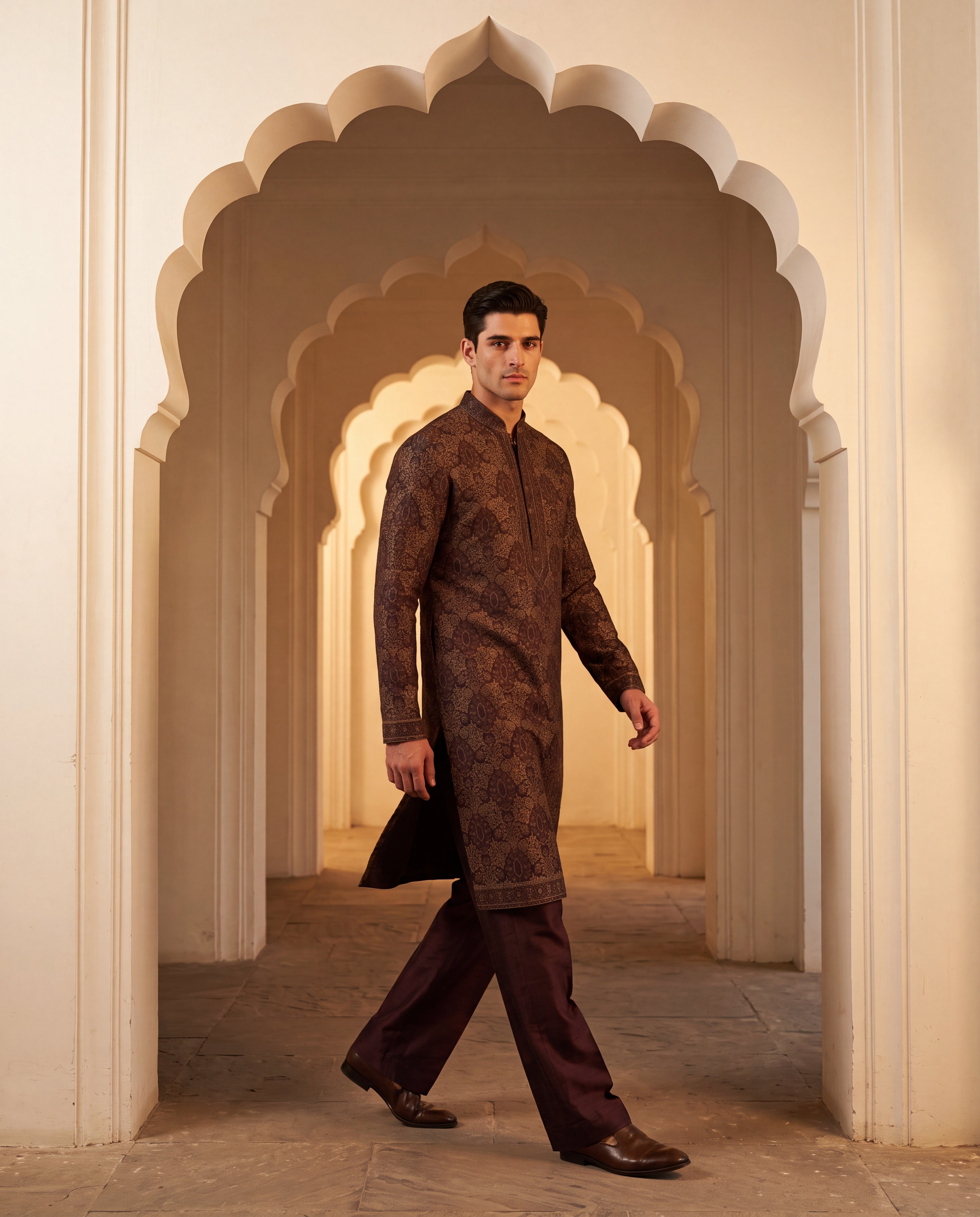 Multi-colour silk kurta with contrast embroidery detailing, paired with a cotton modal palazzo.