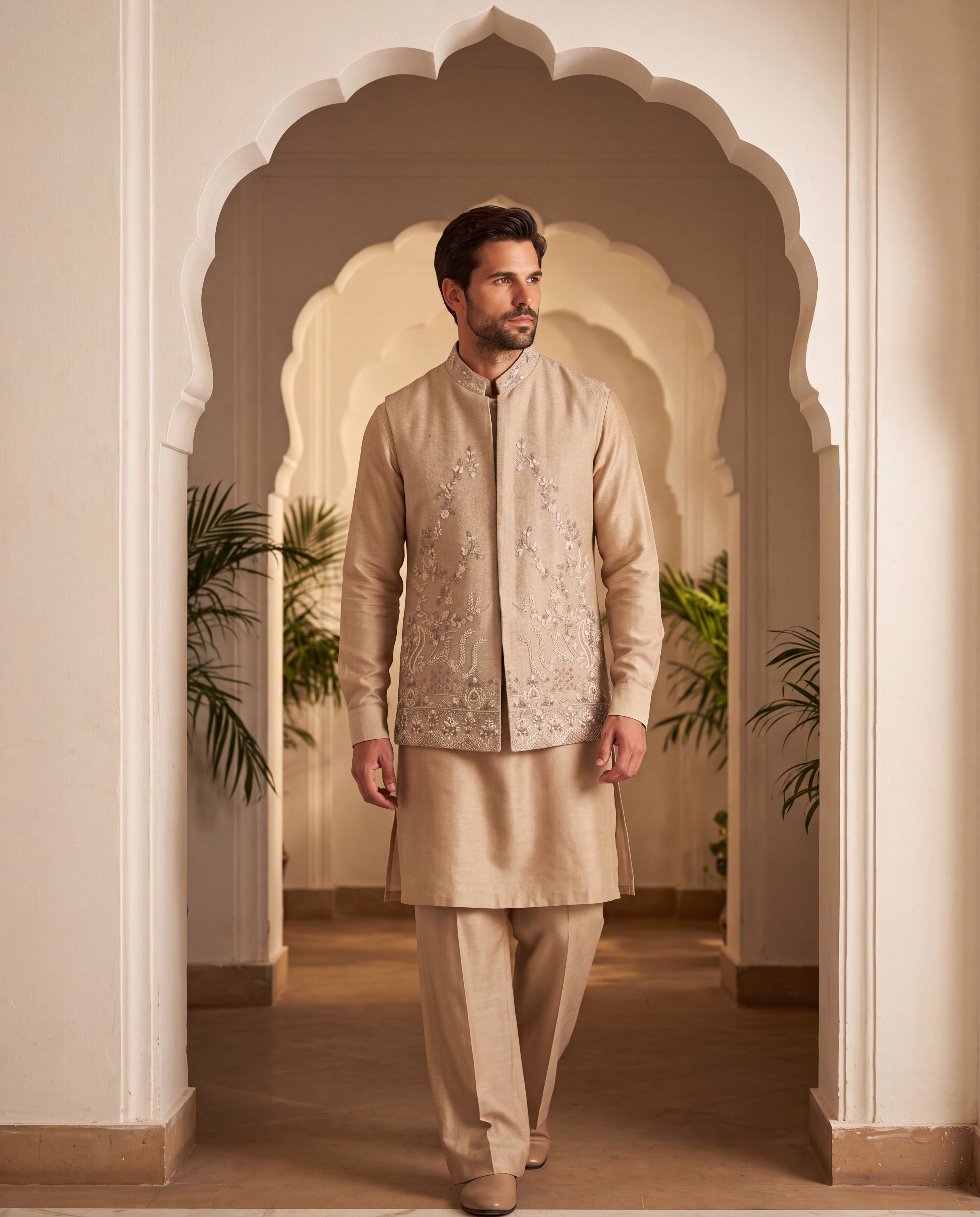 Khakhi herringbone waistcoat with hand-embroidered floral detailing, paired with a plain silk khakhi kurta and matching aligadhi pants.