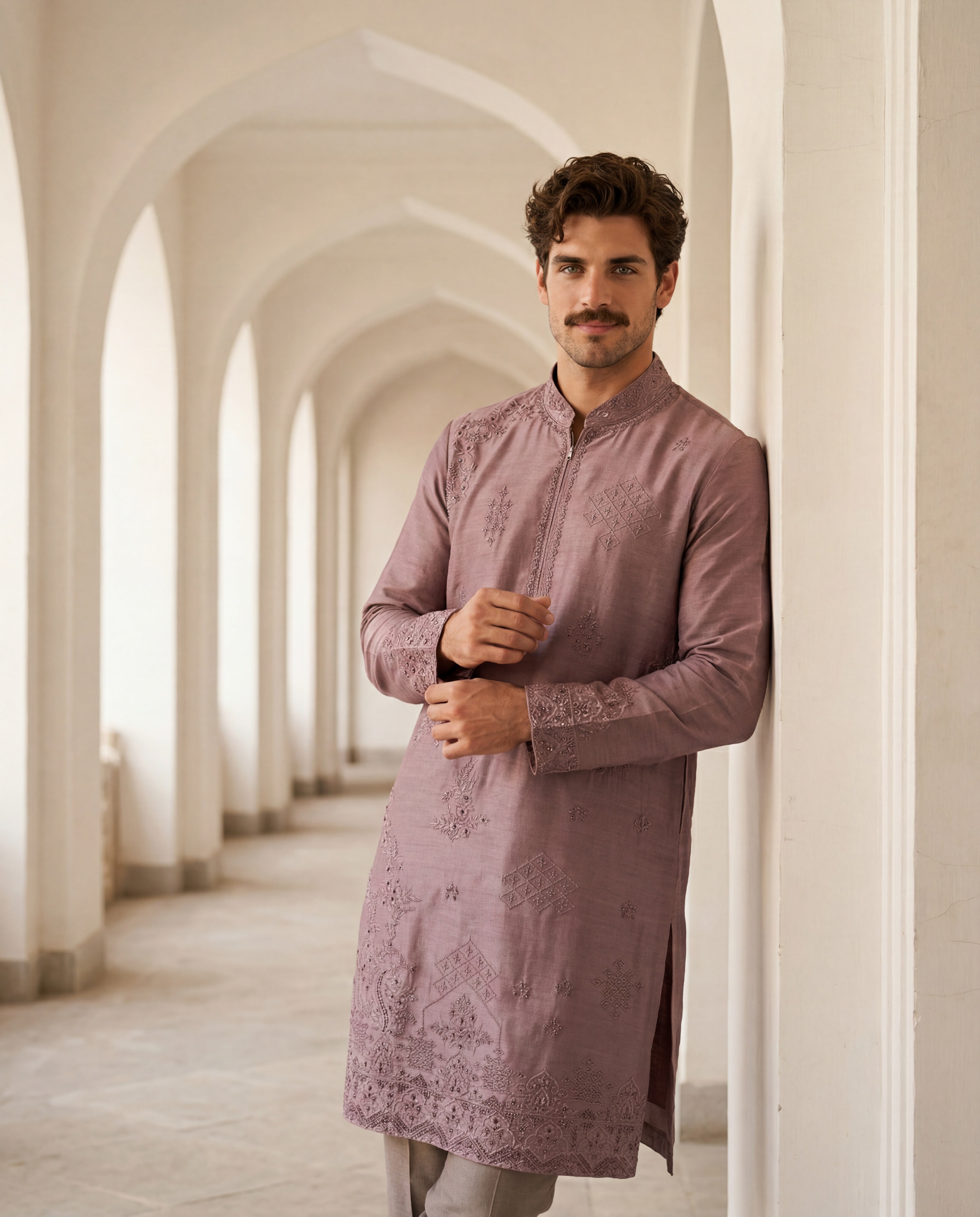Mauve Chanderi silk kurta with tonal floral embroidery, paired with matching Chanderi silk aligadhi.