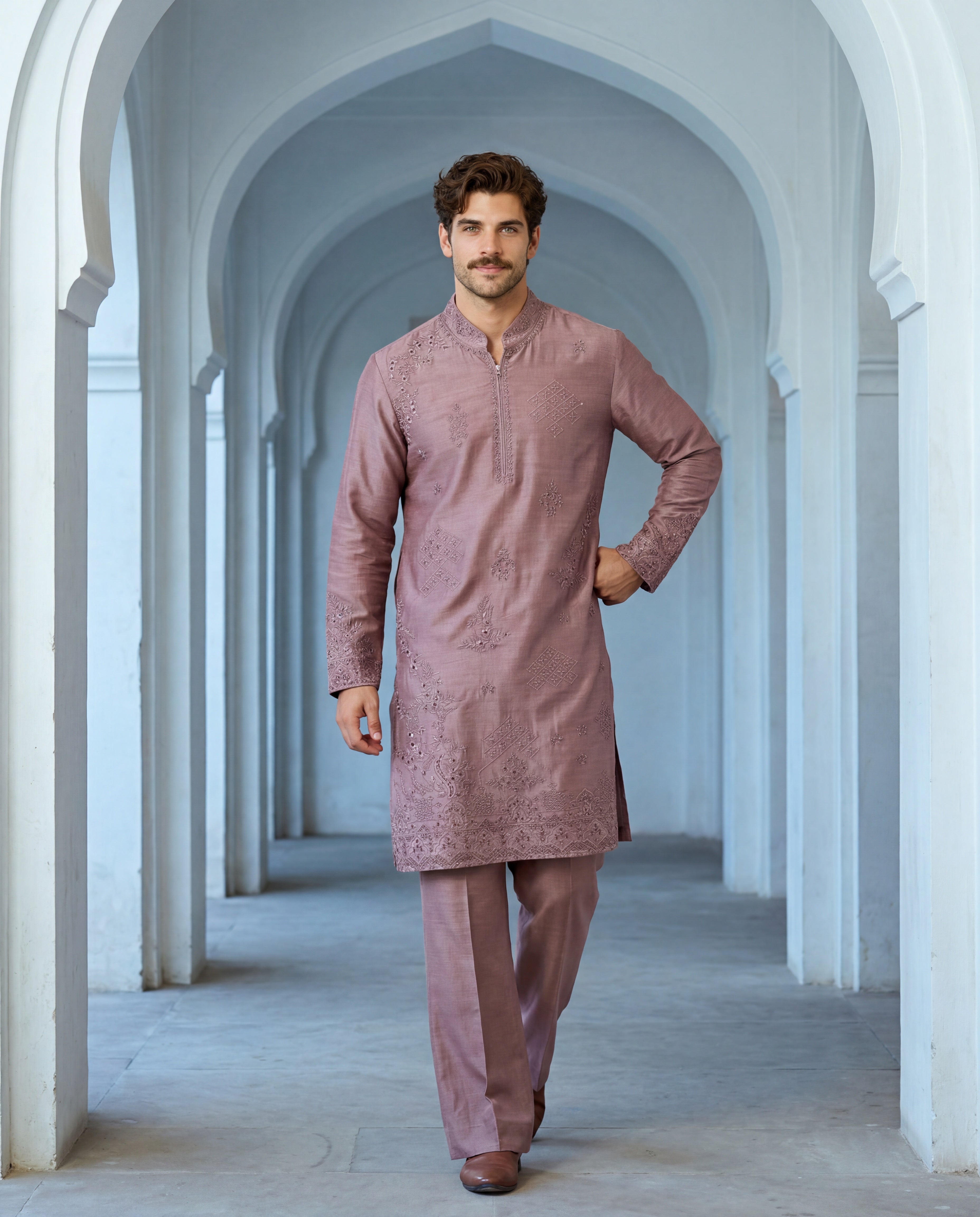 Mauve Chanderi silk kurta with tonal floral embroidery, paired with matching Chanderi silk aligadhi.
