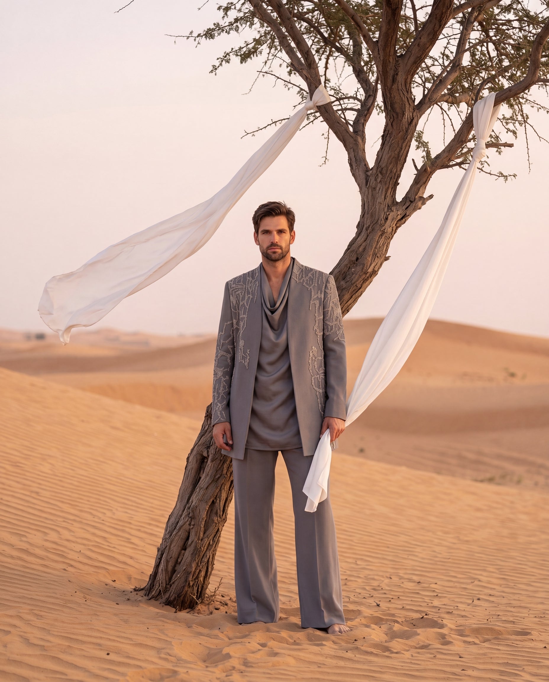 Grey knit Indo-Western jacket with metallic embroidery, paired with a cowl kurta and matching palazzo.